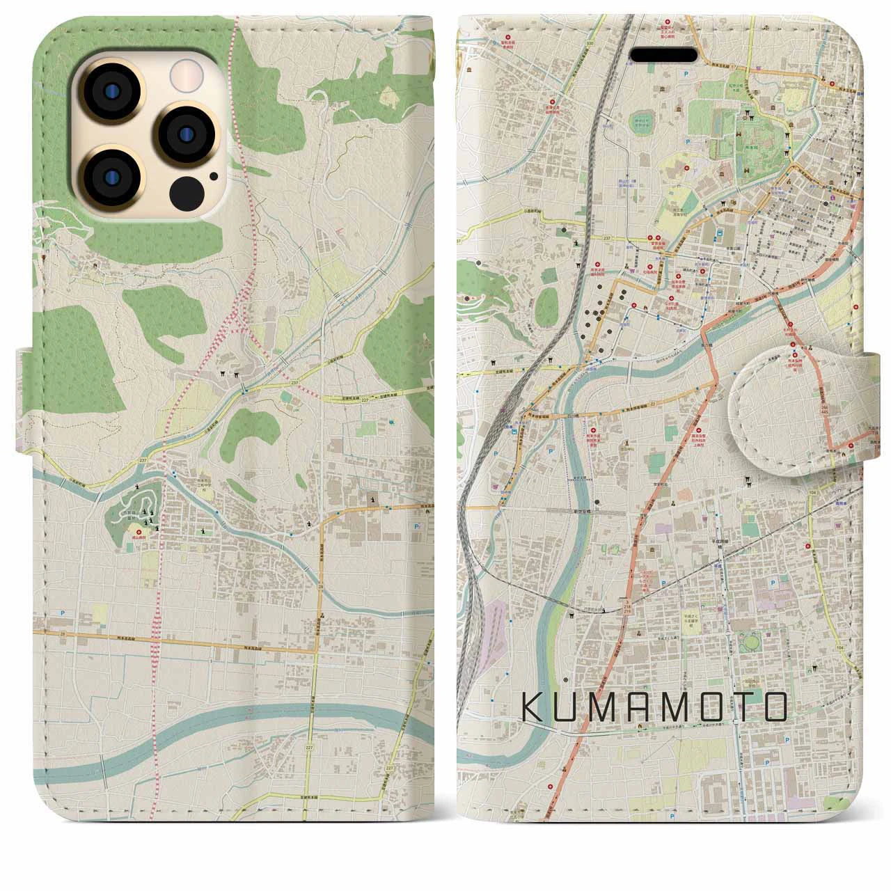 【熊本】地図柄iPhoneケース（手帳両面タイプ・ナチュラル）iPhone 12 Pro Max 用