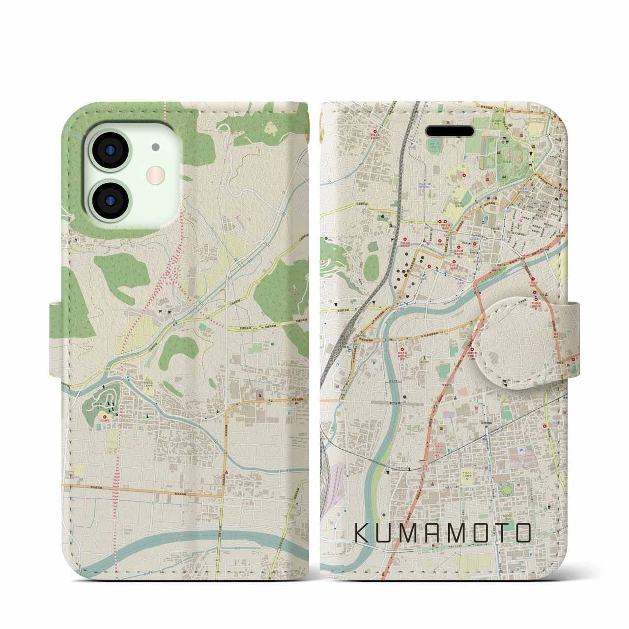 【熊本】地図柄iPhoneケース（手帳両面タイプ・ナチュラル）iPhone 12 mini 用