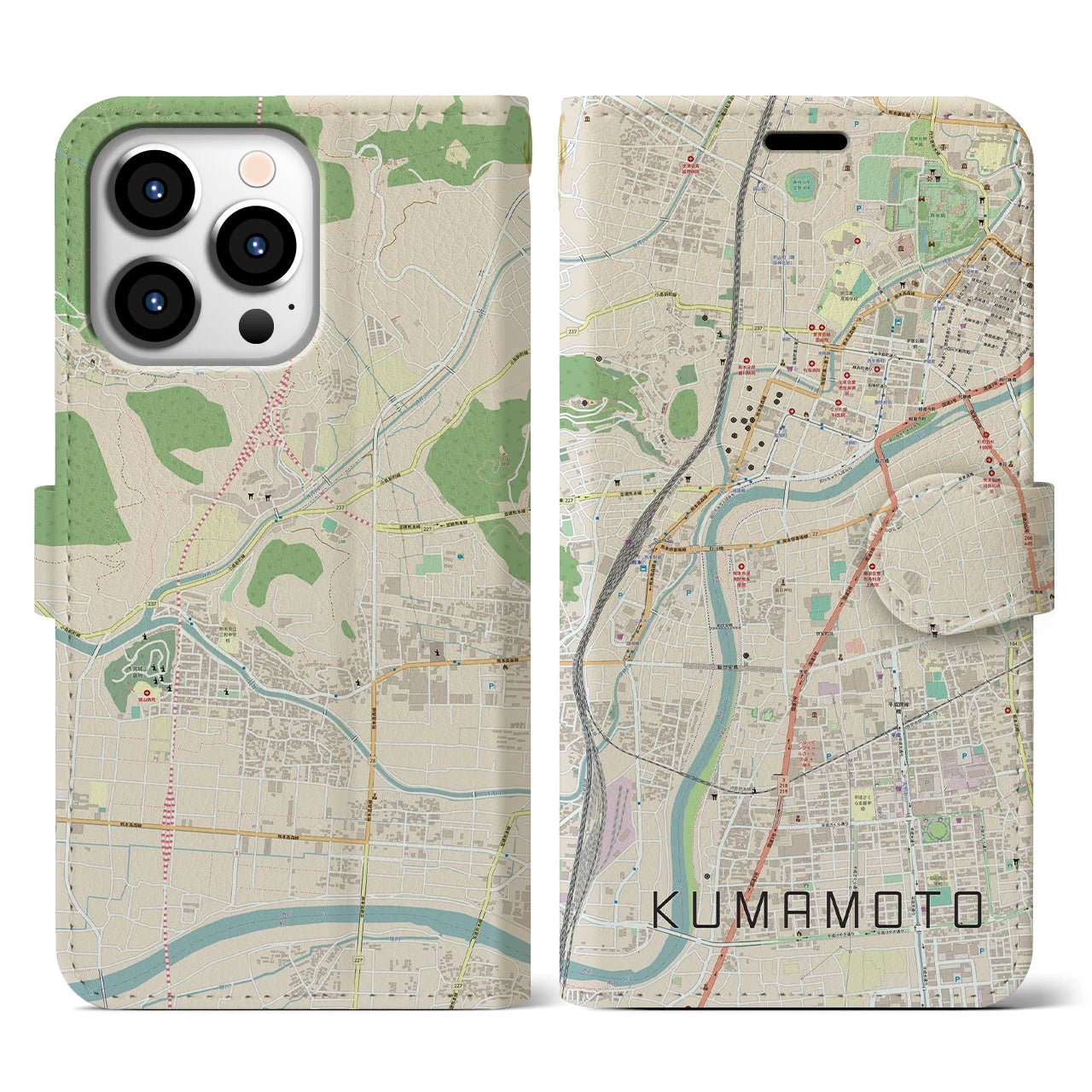 【熊本】地図柄iPhoneケース（手帳両面タイプ・ナチュラル）iPhone 13 Pro 用