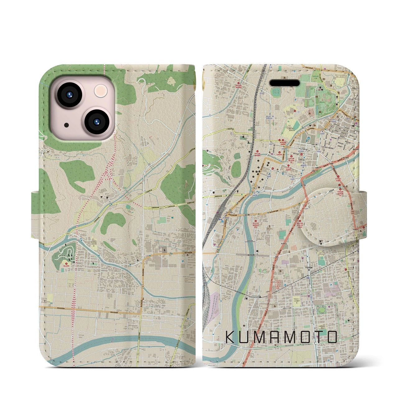 【熊本】地図柄iPhoneケース（手帳両面タイプ・ナチュラル）iPhone 13 mini 用