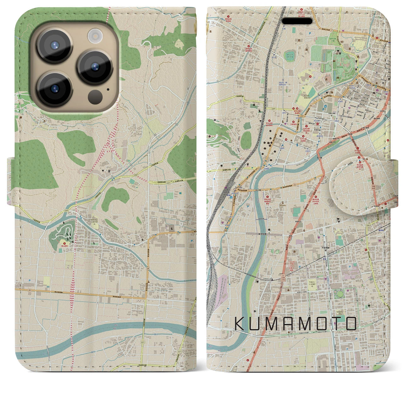 【熊本】地図柄iPhoneケース（手帳両面タイプ・ナチュラル）iPhone 14 Pro Max 用