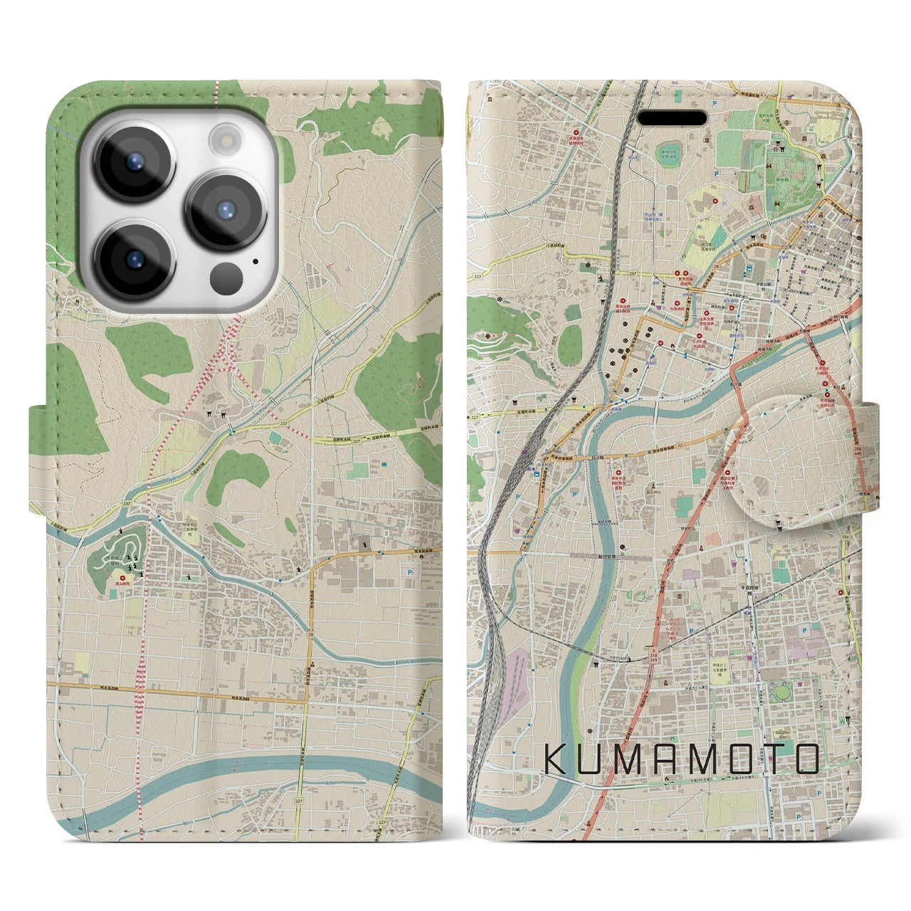【熊本】地図柄iPhoneケース（手帳両面タイプ・ナチュラル）iPhone 14 Pro 用