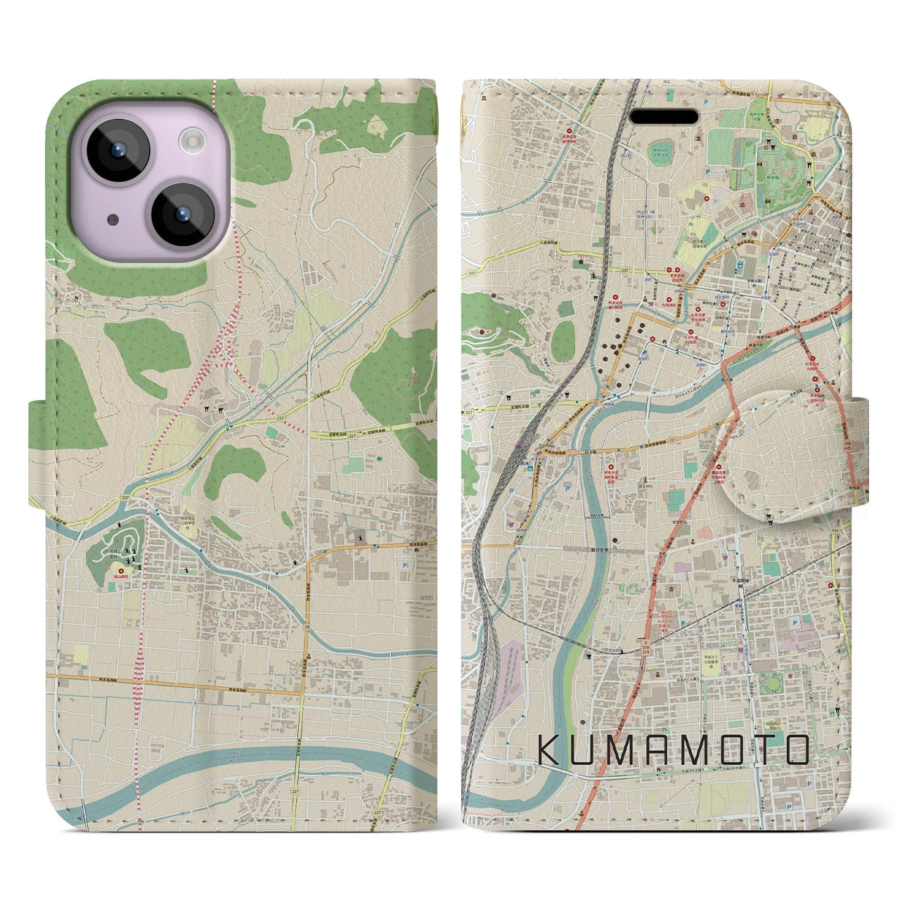 【熊本】地図柄iPhoneケース（手帳両面タイプ・ナチュラル）iPhone 14 用