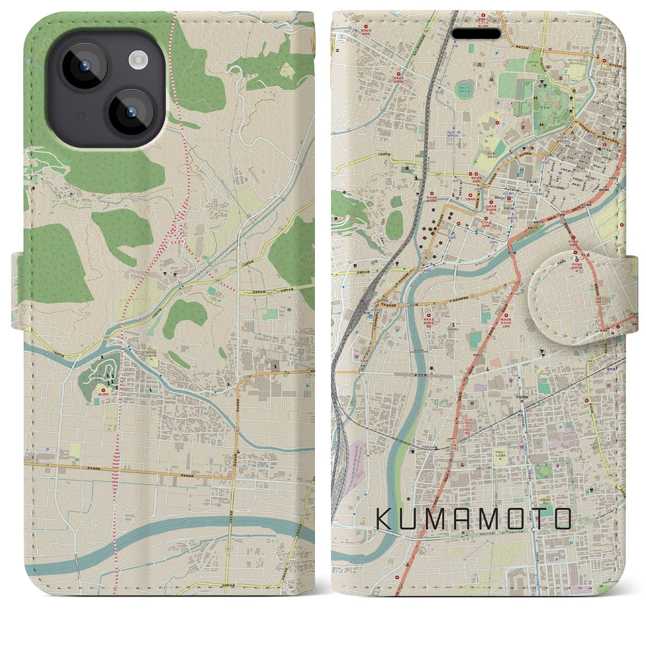 【熊本】地図柄iPhoneケース（手帳両面タイプ・ナチュラル）iPhone 14 Plus 用