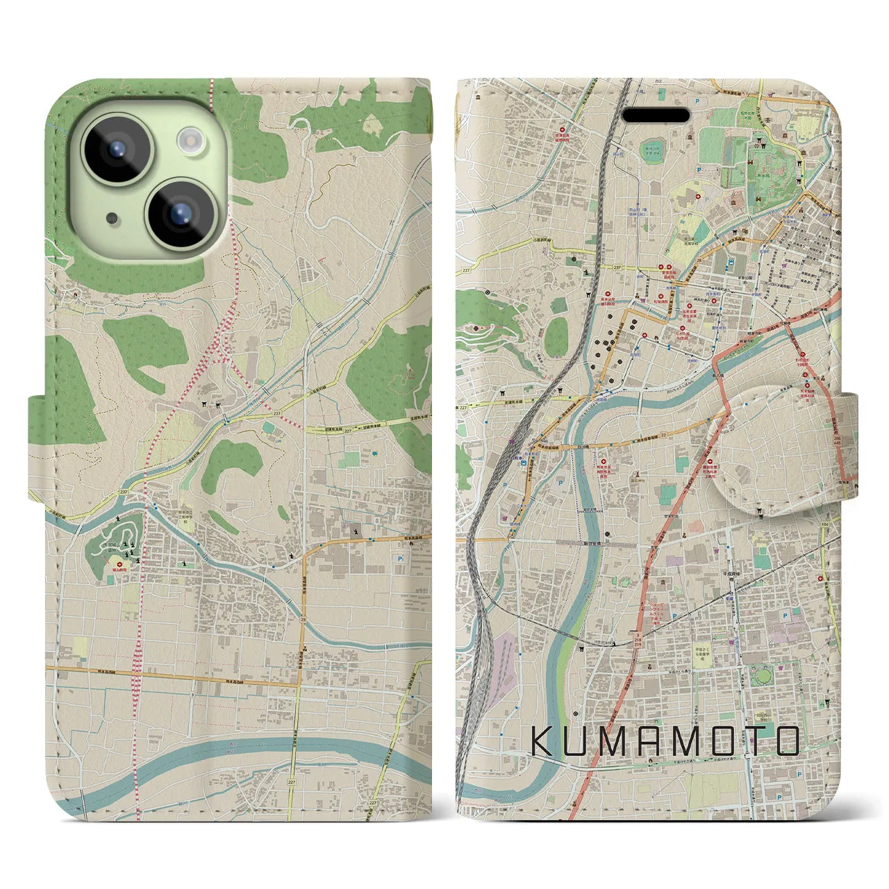 【熊本】地図柄iPhoneケース（手帳両面タイプ・ナチュラル）iPhone 15 用