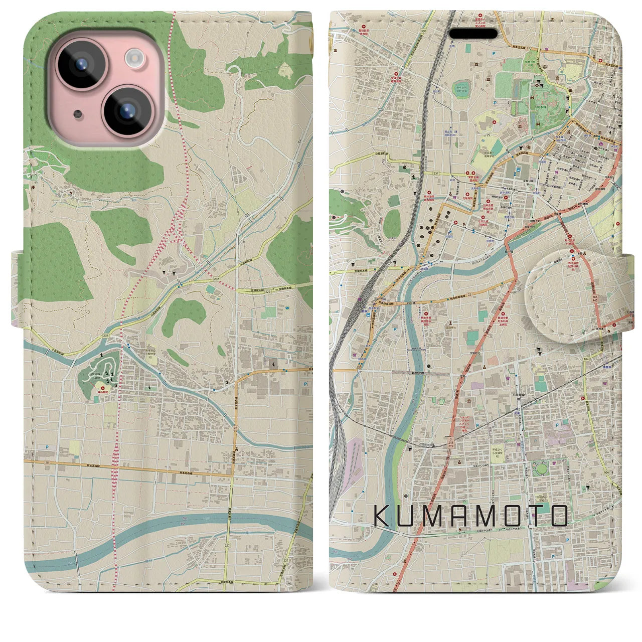 【熊本】地図柄iPhoneケース（手帳両面タイプ・ナチュラル）iPhone 15 Plus 用