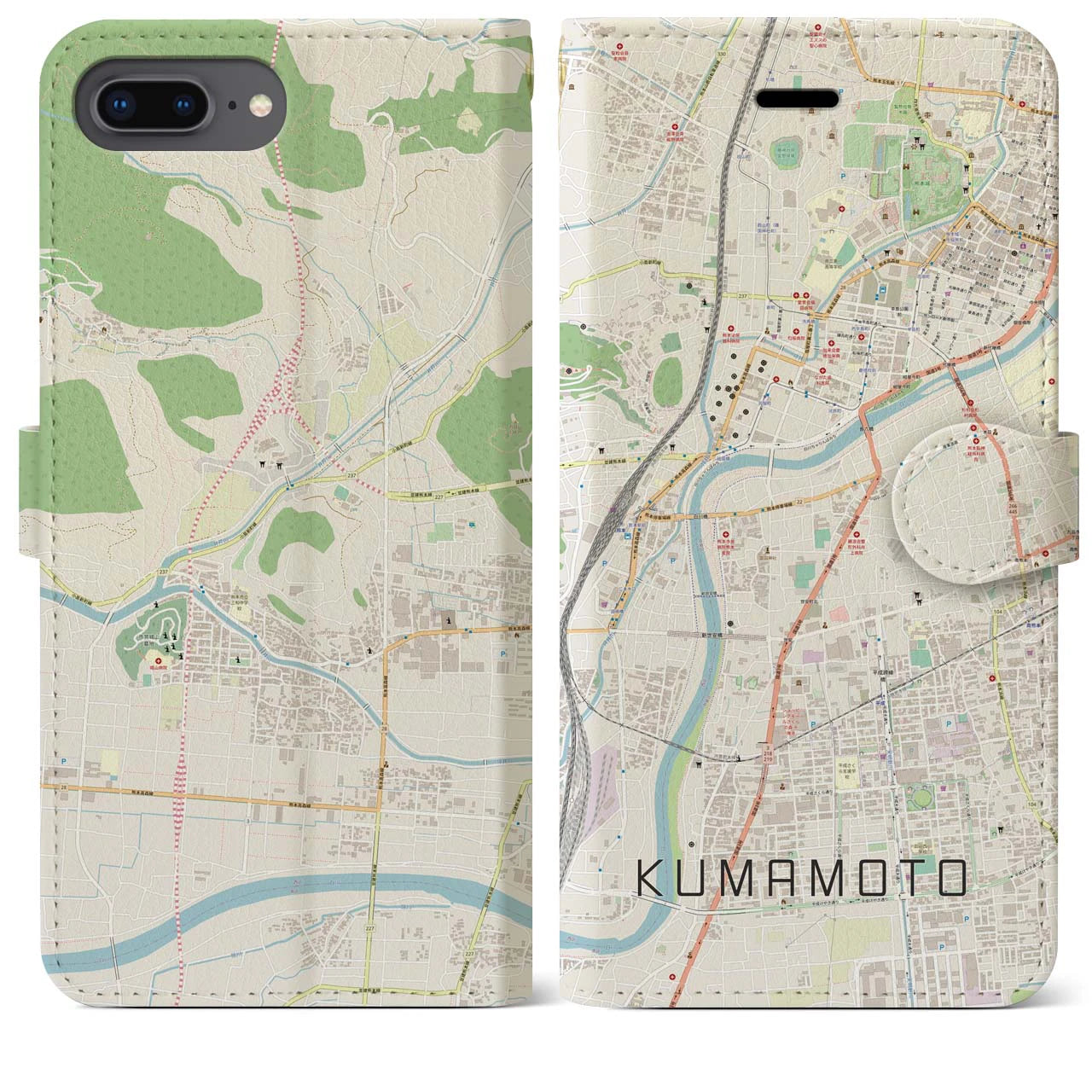【熊本】地図柄iPhoneケース（手帳両面タイプ・ナチュラル）iPhone 8Plus /7Plus / 6sPlus / 6Plus 用