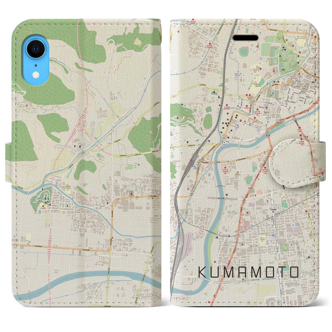 【熊本】地図柄iPhoneケース（手帳両面タイプ・ナチュラル）iPhone XR 用