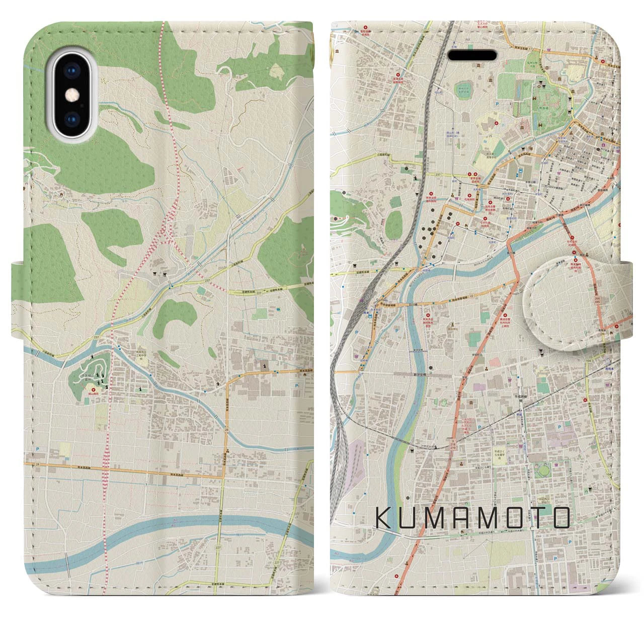 【熊本】地図柄iPhoneケース（手帳両面タイプ・ナチュラル）iPhone XS Max 用