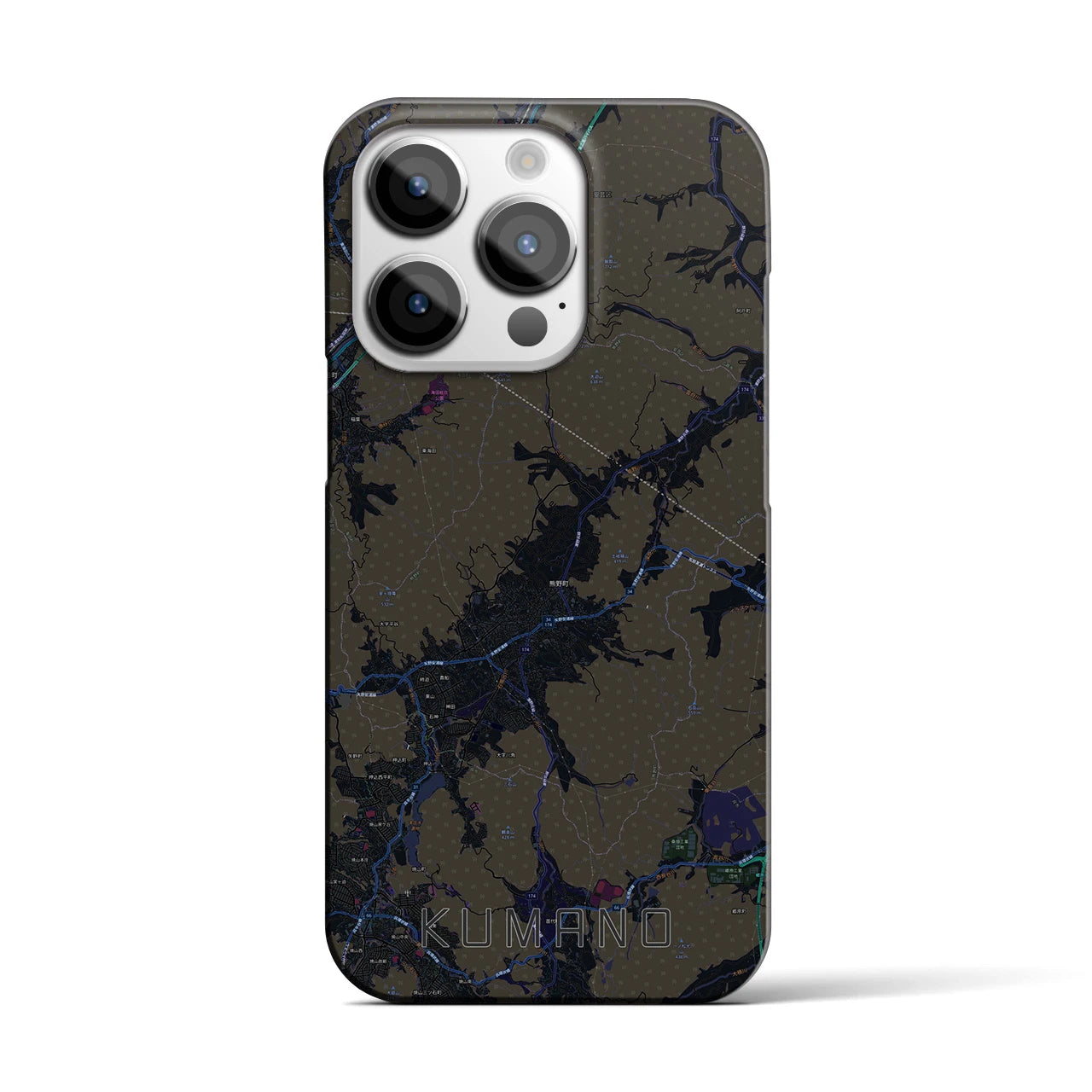 【熊野（広島県）】地図柄iPhoneケース（バックカバータイプ・ブラック）iPhone 14 Pro 用