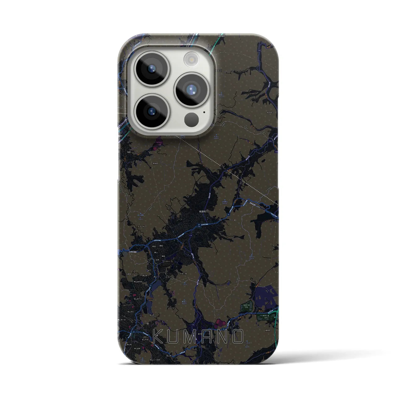 【熊野（広島県）】地図柄iPhoneケース（バックカバータイプ・ブラック）iPhone 15 Pro 用