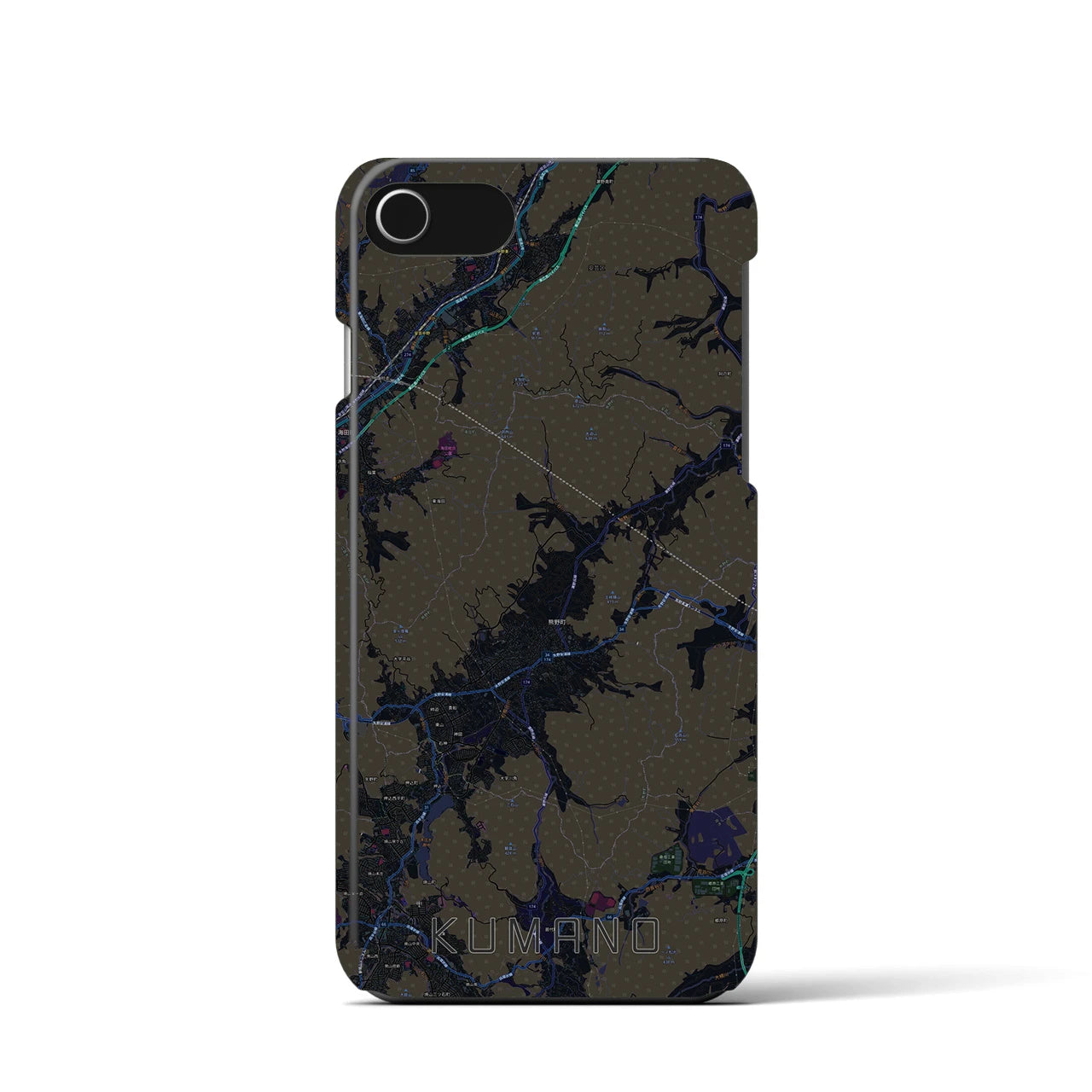 【熊野（広島県）】地図柄iPhoneケース（バックカバータイプ・ブラック）iPhone SE（第3 / 第2世代） / 8 / 7 / 6s / 6 用