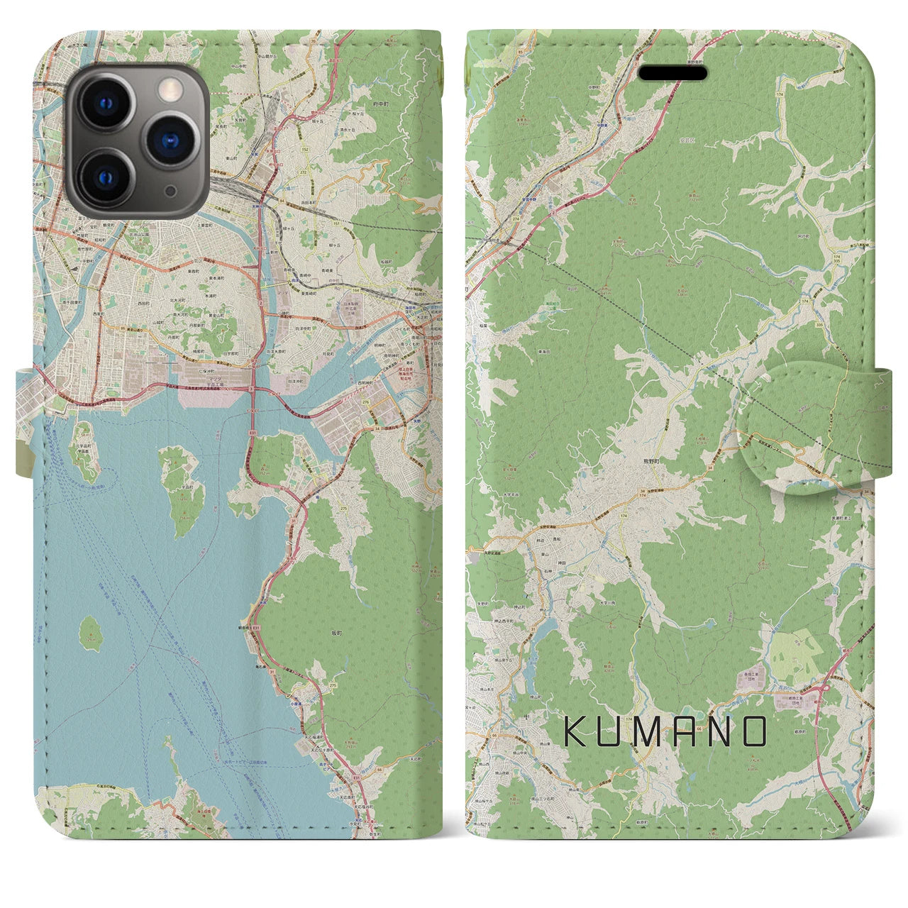 【熊野（広島県）】地図柄iPhoneケース（手帳両面タイプ・ナチュラル）iPhone 11 Pro Max 用
