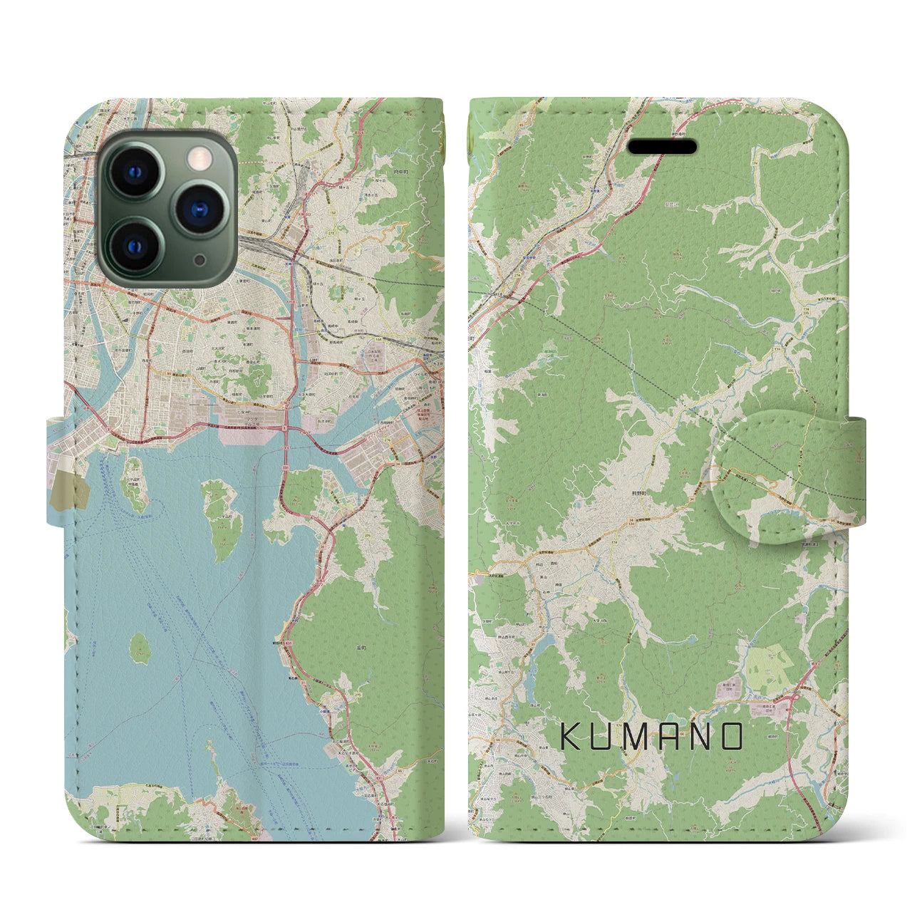 【熊野（広島県）】地図柄iPhoneケース（手帳両面タイプ・ナチュラル）iPhone 11 Pro 用