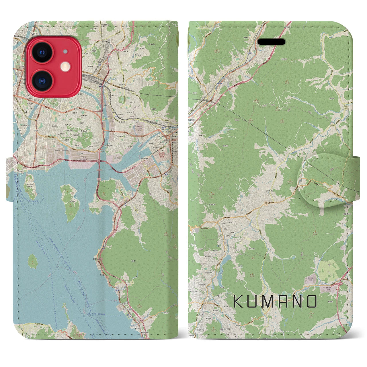 【熊野（広島県）】地図柄iPhoneケース（手帳両面タイプ・ナチュラル）iPhone 11 用
