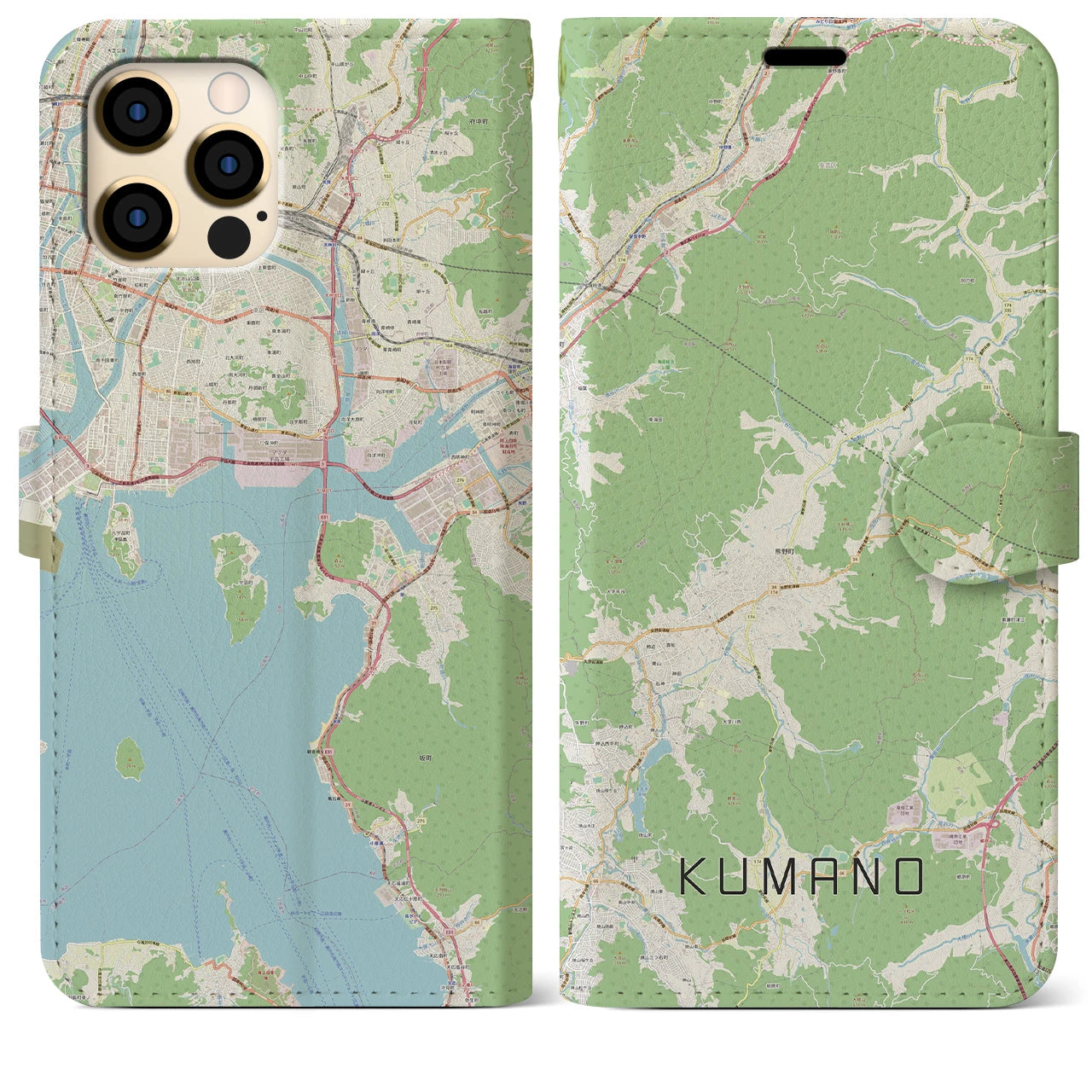【熊野（広島県）】地図柄iPhoneケース（手帳両面タイプ・ナチュラル）iPhone 12 Pro Max 用