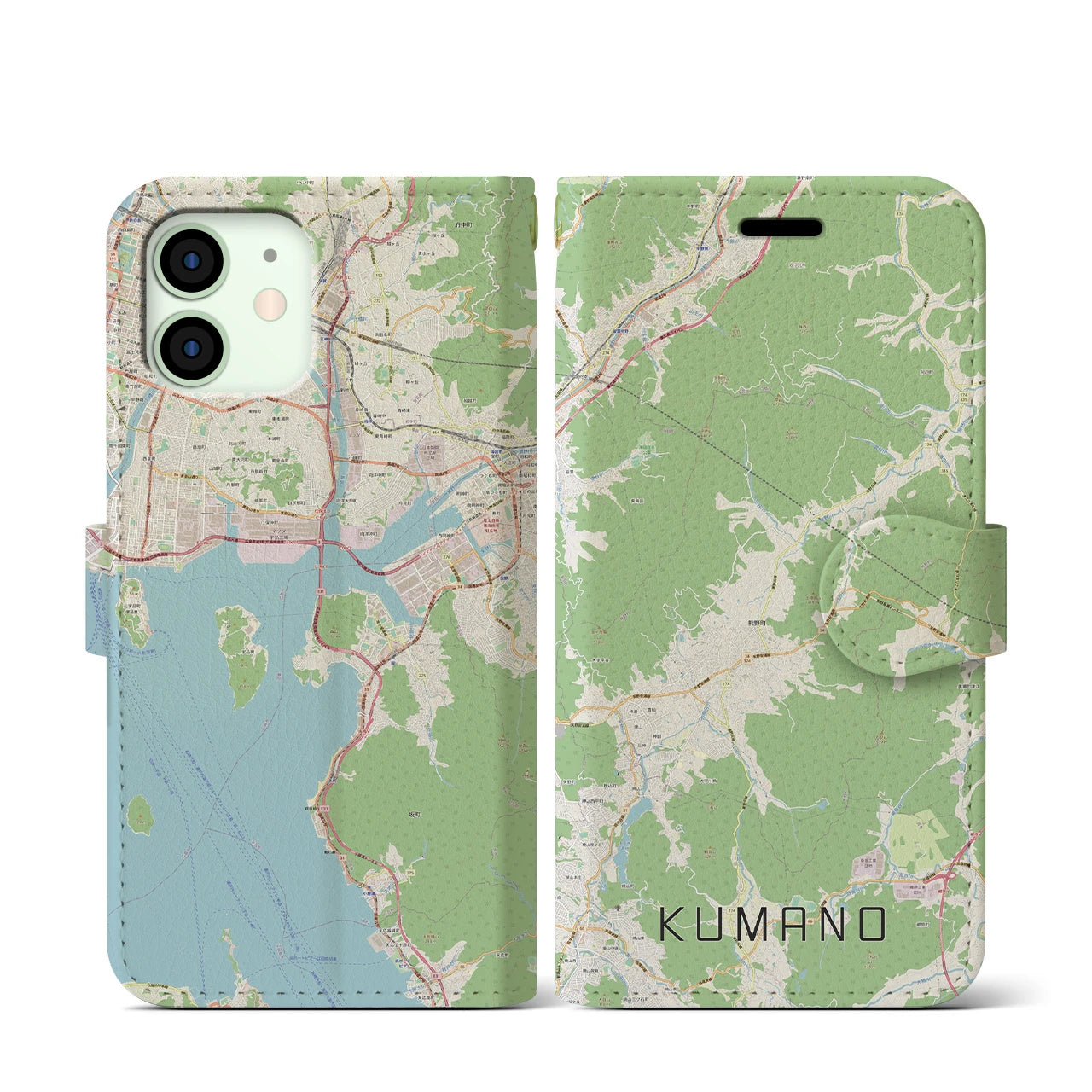 【熊野（広島県）】地図柄iPhoneケース（手帳両面タイプ・ナチュラル）iPhone 12 mini 用