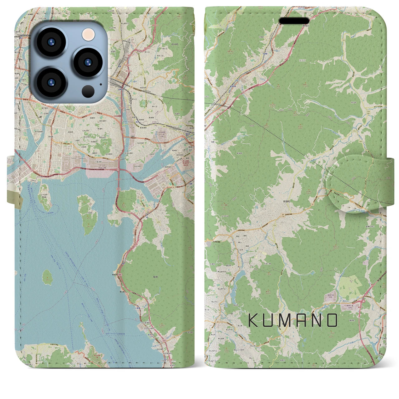 【熊野（広島県）】地図柄iPhoneケース（手帳両面タイプ・ナチュラル）iPhone 13 Pro Max 用