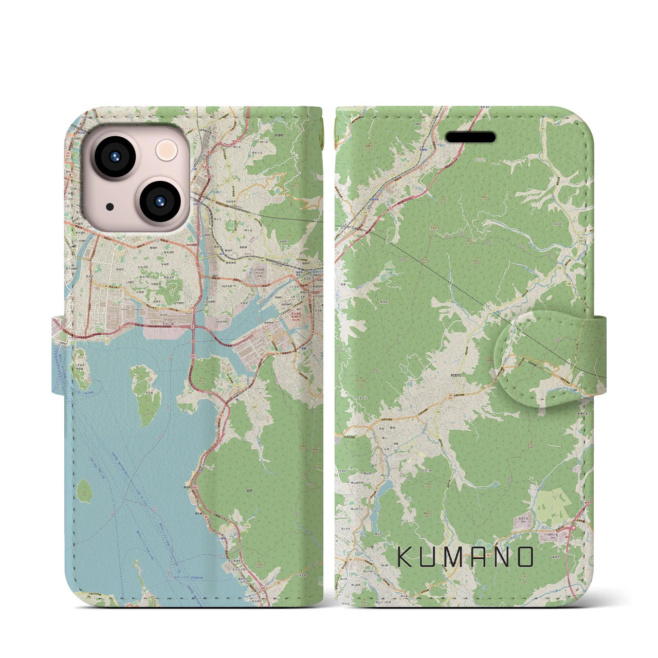 【熊野（広島県）】地図柄iPhoneケース（手帳両面タイプ・ナチュラル）iPhone 13 mini 用