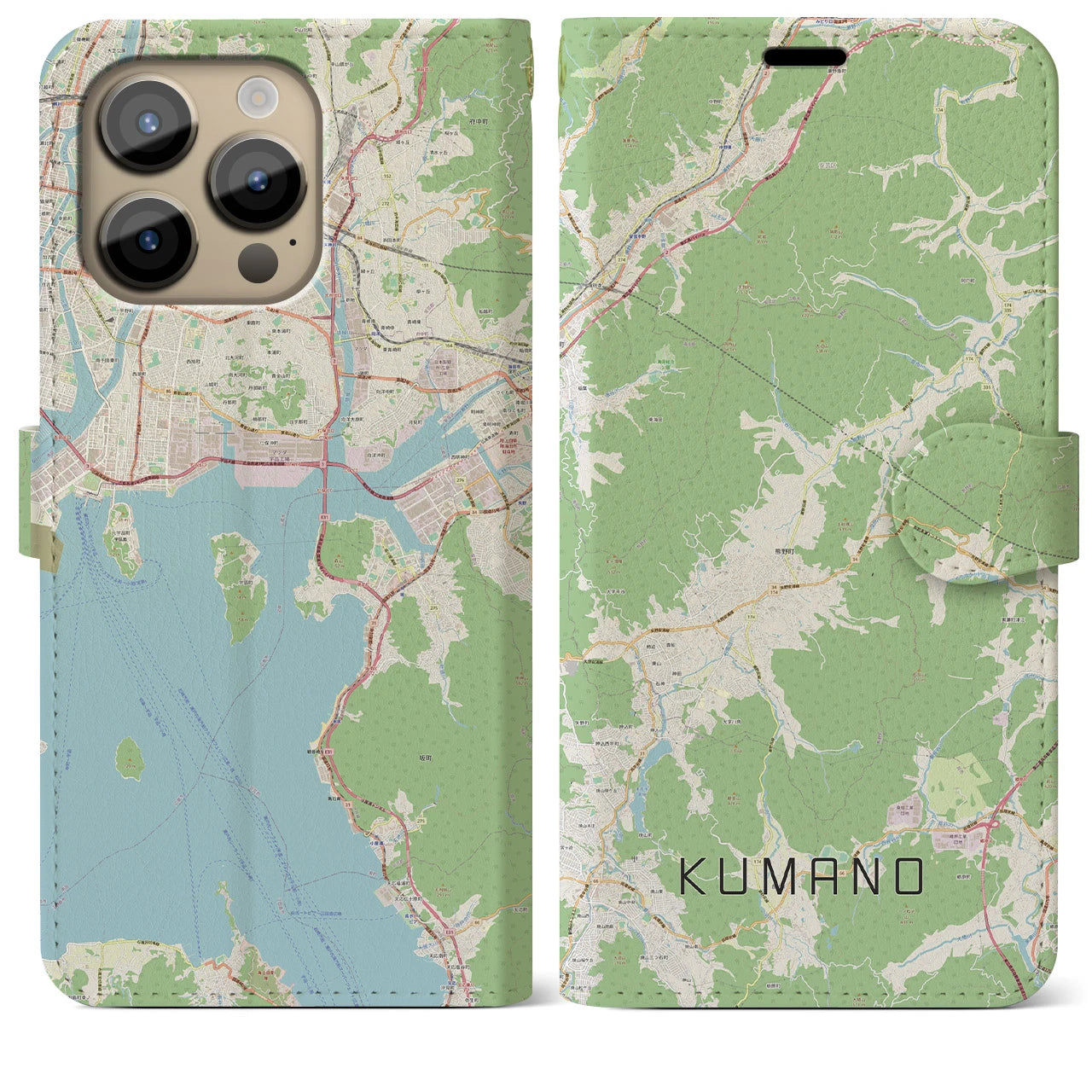 【熊野（広島県）】地図柄iPhoneケース（手帳両面タイプ・ナチュラル）iPhone 14 Pro Max 用