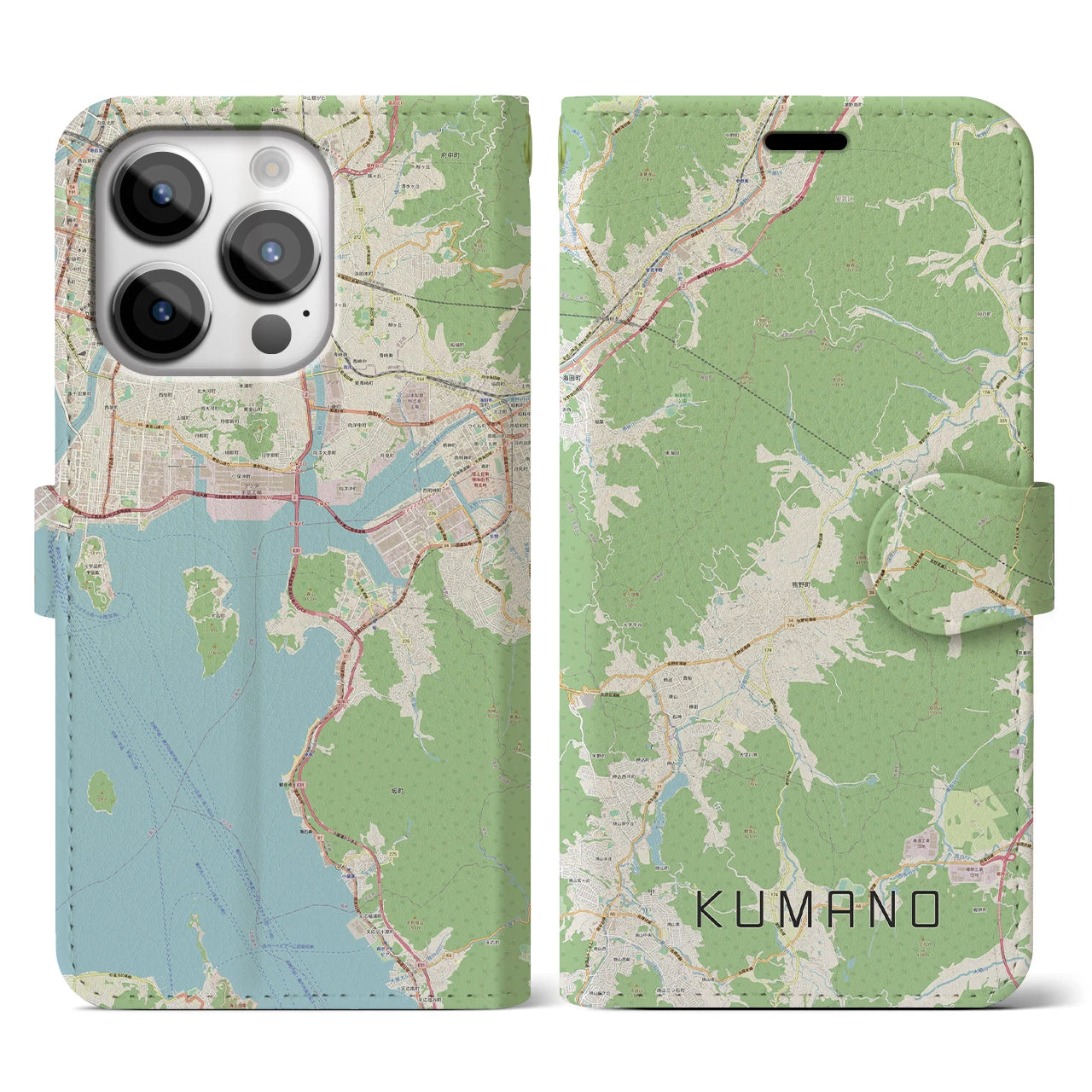 【熊野（広島県）】地図柄iPhoneケース（手帳両面タイプ・ナチュラル）iPhone 14 Pro 用