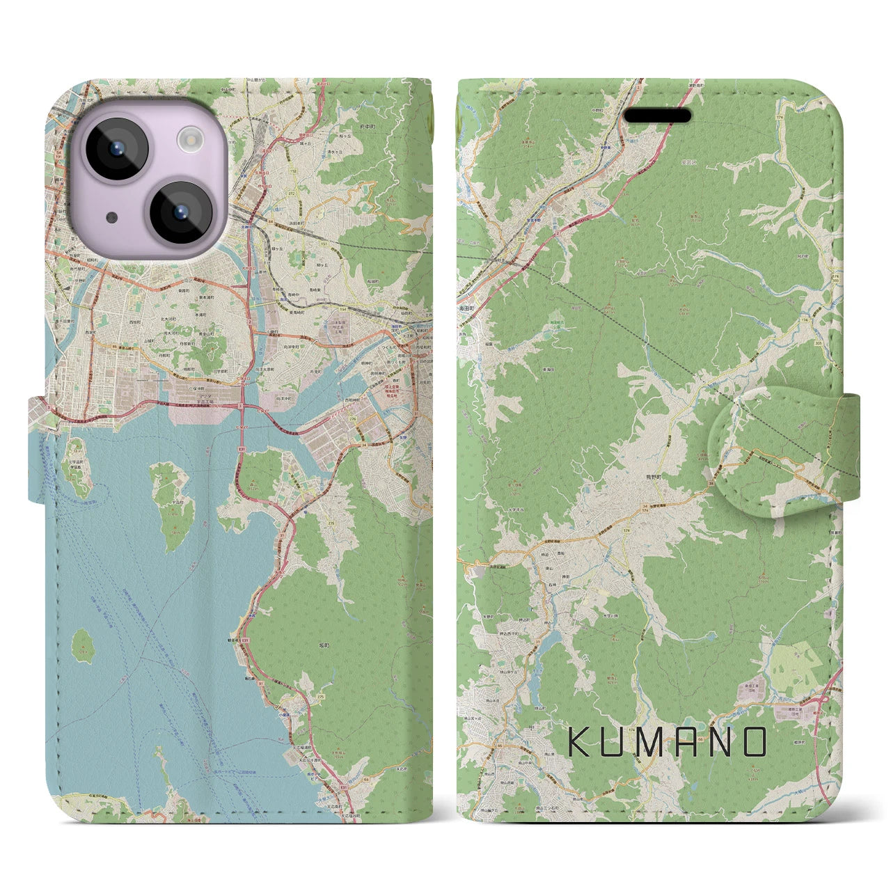 【熊野（広島県）】地図柄iPhoneケース（手帳両面タイプ・ナチュラル）iPhone 14 用