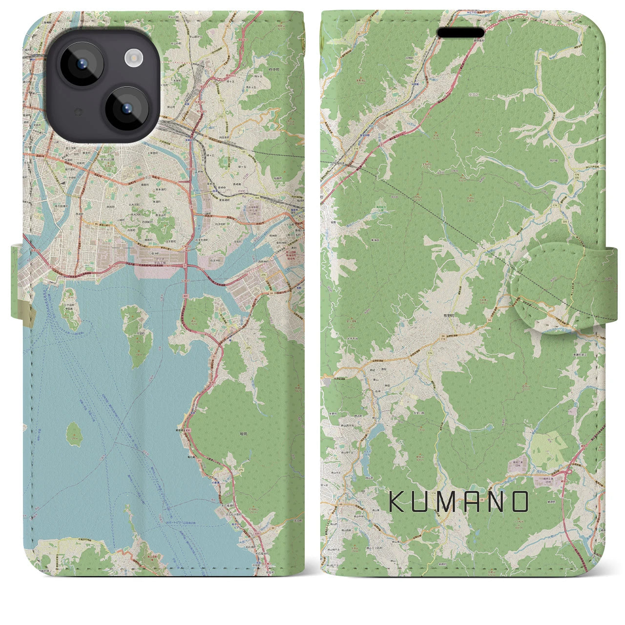 【熊野（広島県）】地図柄iPhoneケース（手帳両面タイプ・ナチュラル）iPhone 14 Plus 用