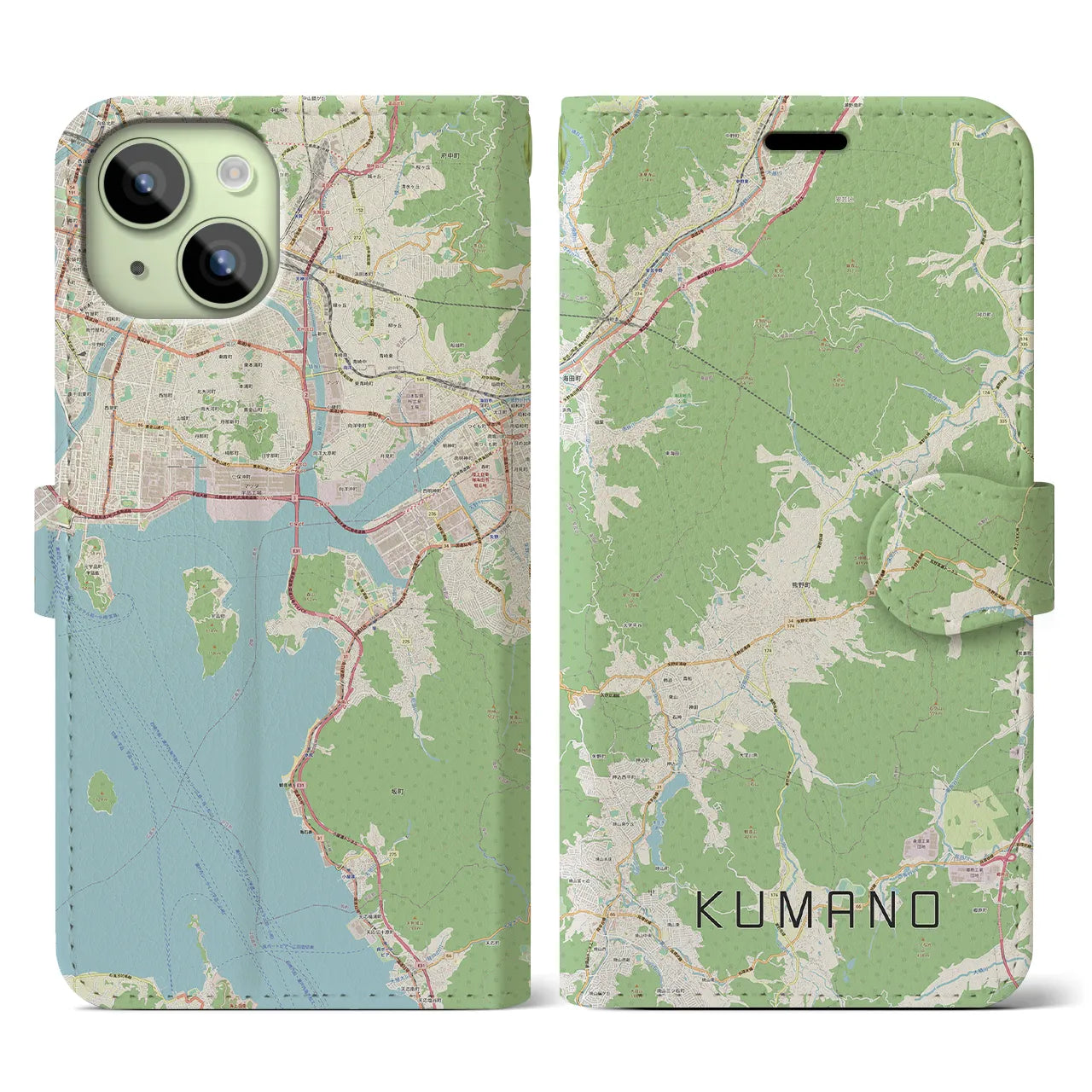 【熊野（広島県）】地図柄iPhoneケース（手帳両面タイプ・ナチュラル）iPhone 15 用