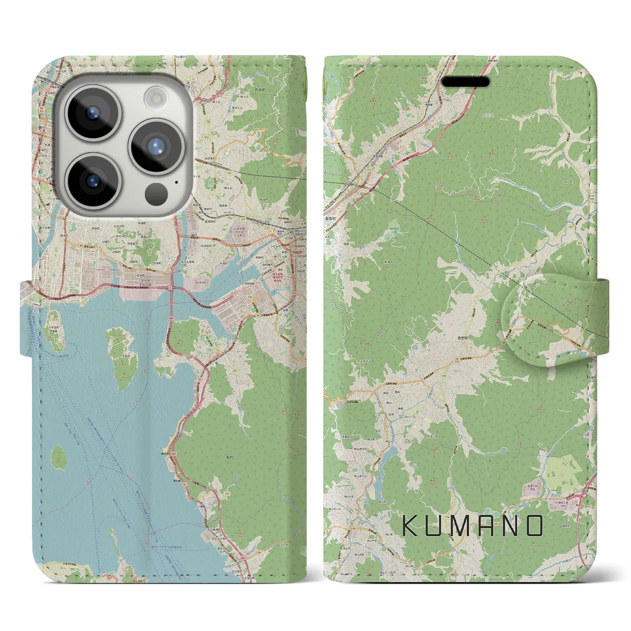 【熊野（広島県）】地図柄iPhoneケース（手帳両面タイプ・ナチュラル）iPhone 15 Pro 用