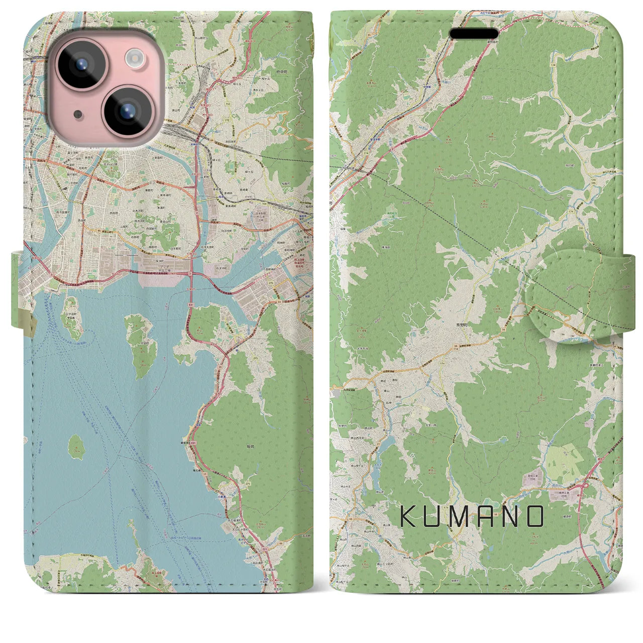 【熊野（広島県）】地図柄iPhoneケース（手帳両面タイプ・ナチュラル）iPhone 15 Plus 用