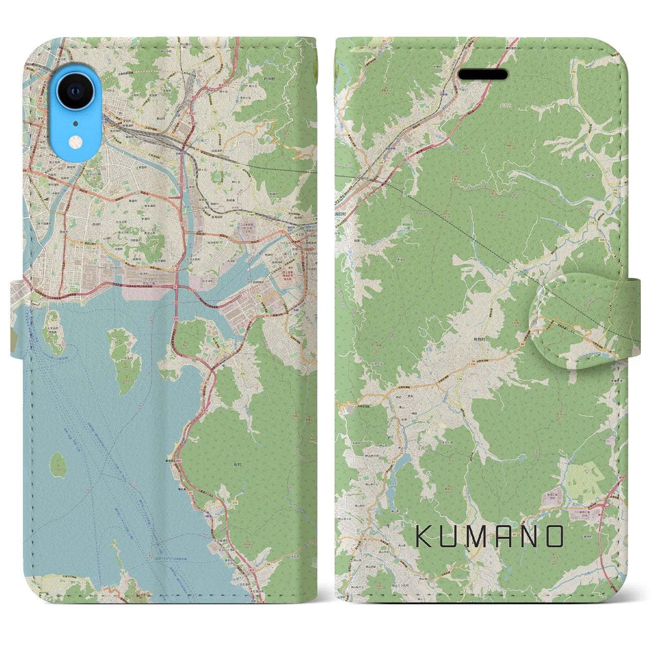 【熊野（広島県）】地図柄iPhoneケース（手帳両面タイプ・ナチュラル）iPhone XR 用