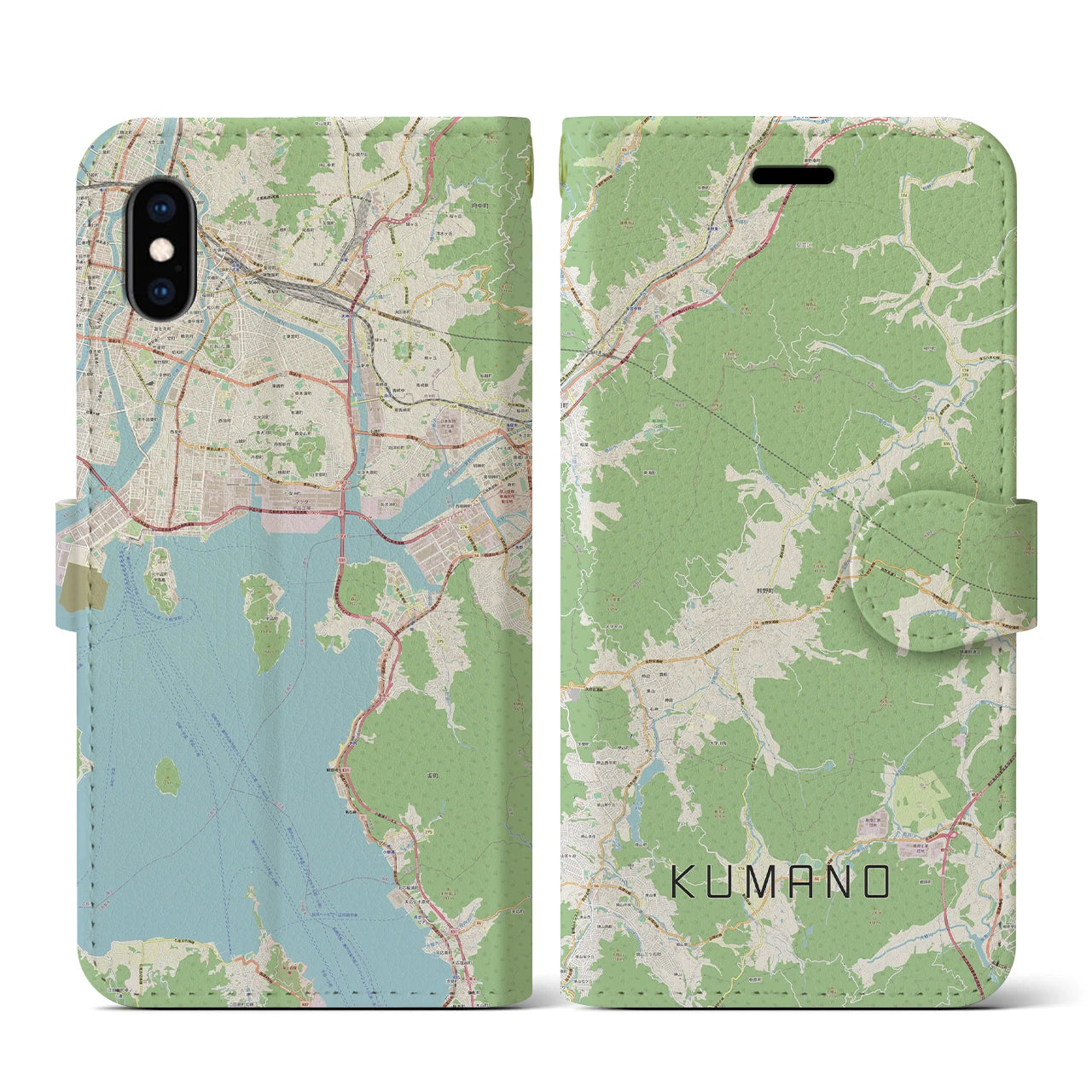 【熊野（広島県）】地図柄iPhoneケース（手帳両面タイプ・ナチュラル）iPhone XS / X 用
