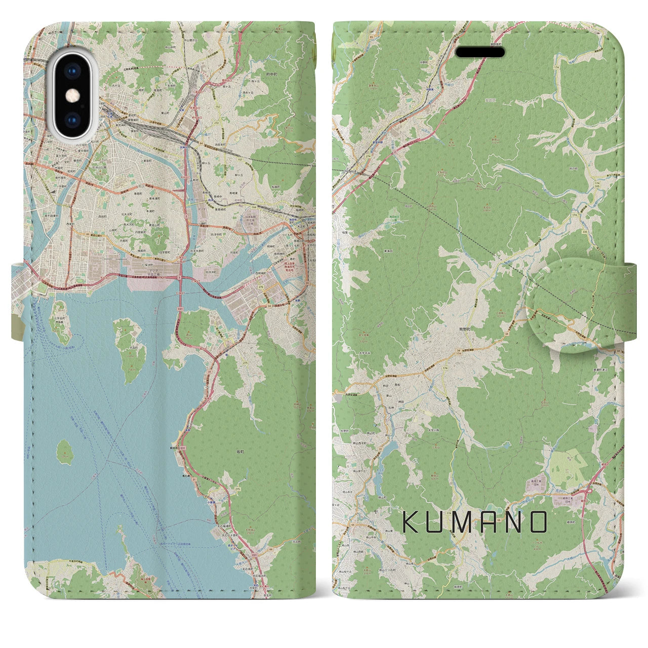 【熊野（広島県）】地図柄iPhoneケース（手帳両面タイプ・ナチュラル）iPhone XS Max 用