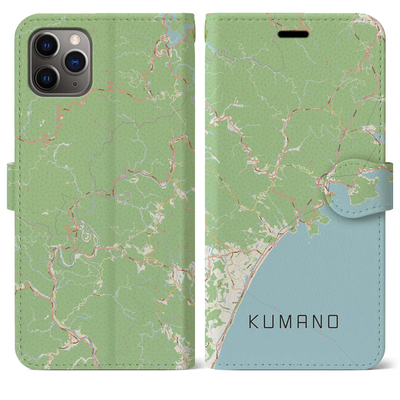 【熊野】地図柄iPhoneケース（手帳両面タイプ・ナチュラル）iPhone 11 Pro Max 用