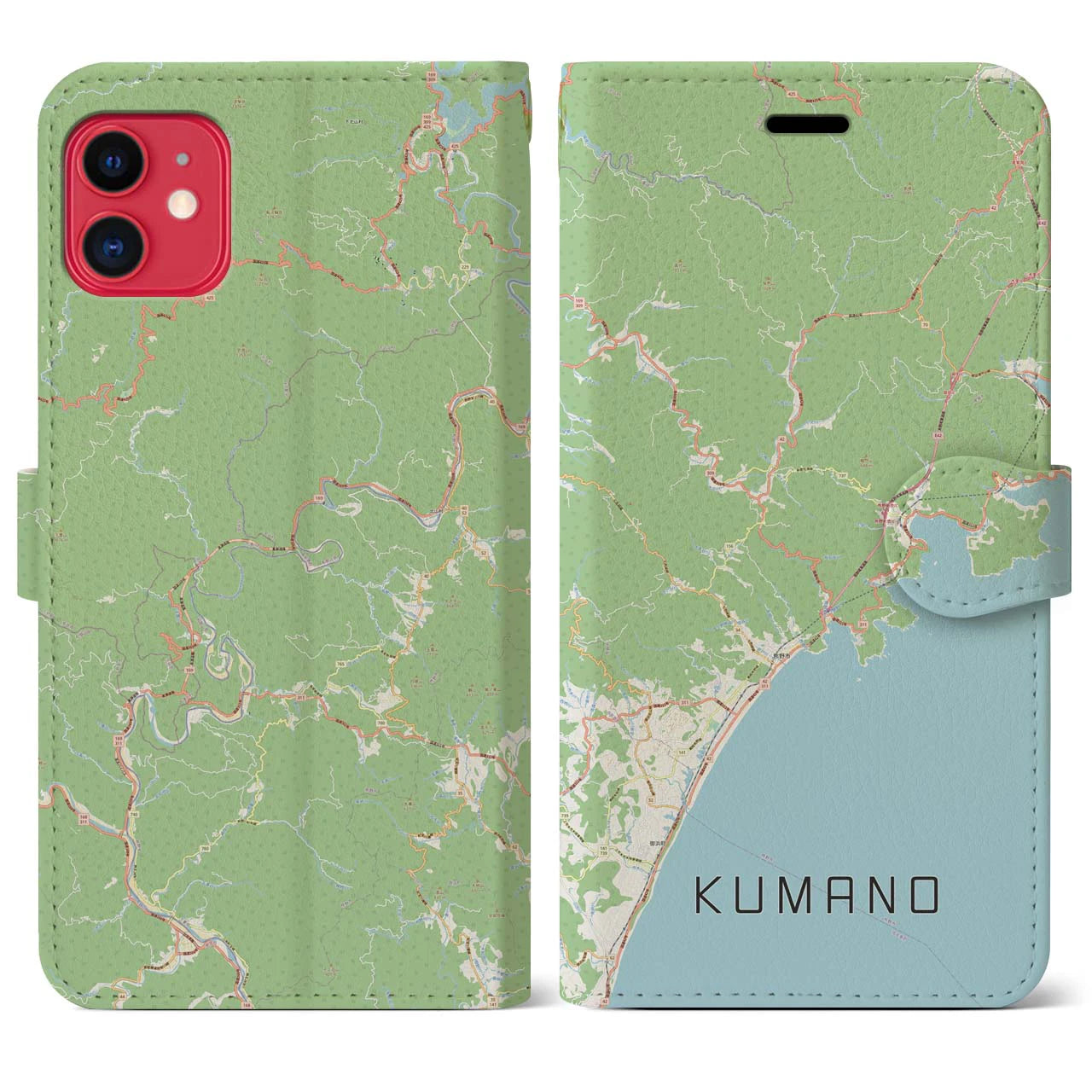 【熊野】地図柄iPhoneケース（手帳両面タイプ・ナチュラル）iPhone 11 用