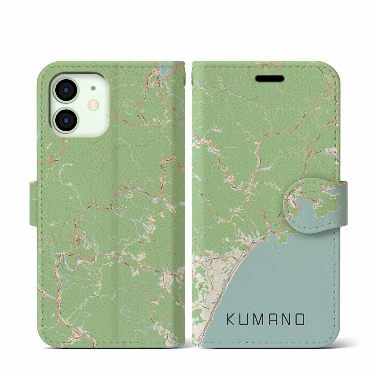 【熊野】地図柄iPhoneケース（手帳両面タイプ・ナチュラル）iPhone 12 mini 用