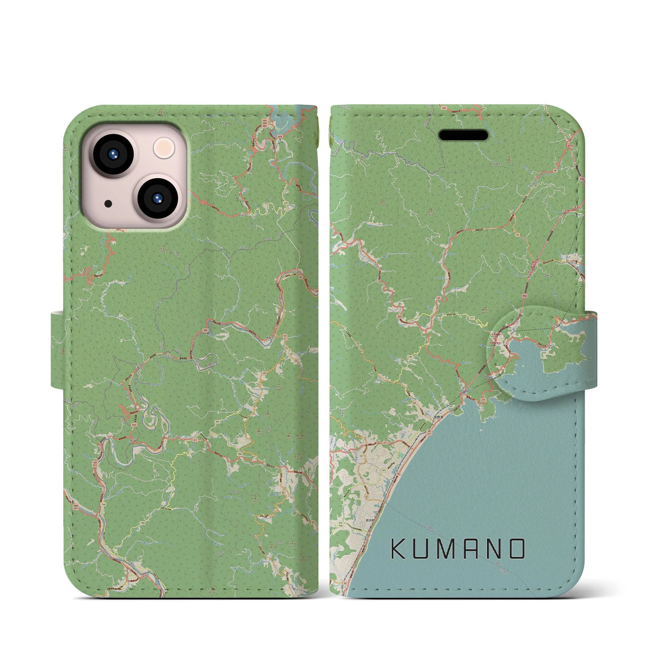【熊野】地図柄iPhoneケース（手帳両面タイプ・ナチュラル）iPhone 13 mini 用