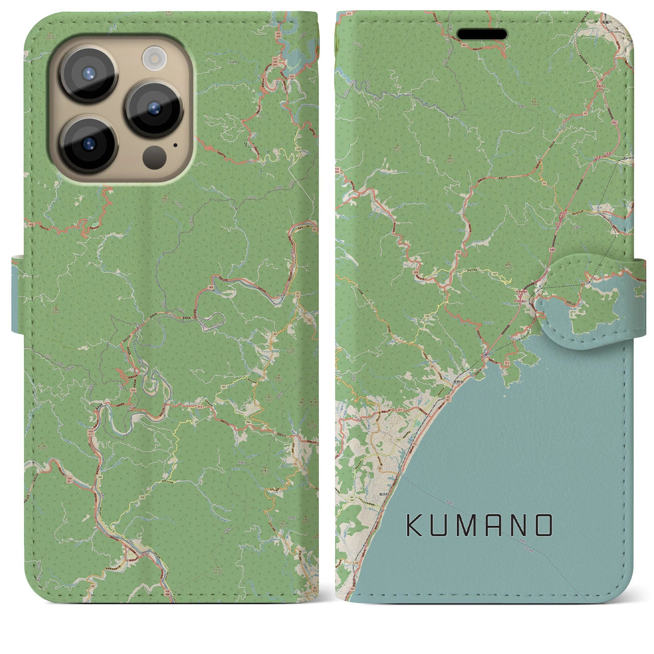 【熊野】地図柄iPhoneケース（手帳両面タイプ・ナチュラル）iPhone 14 Pro Max 用