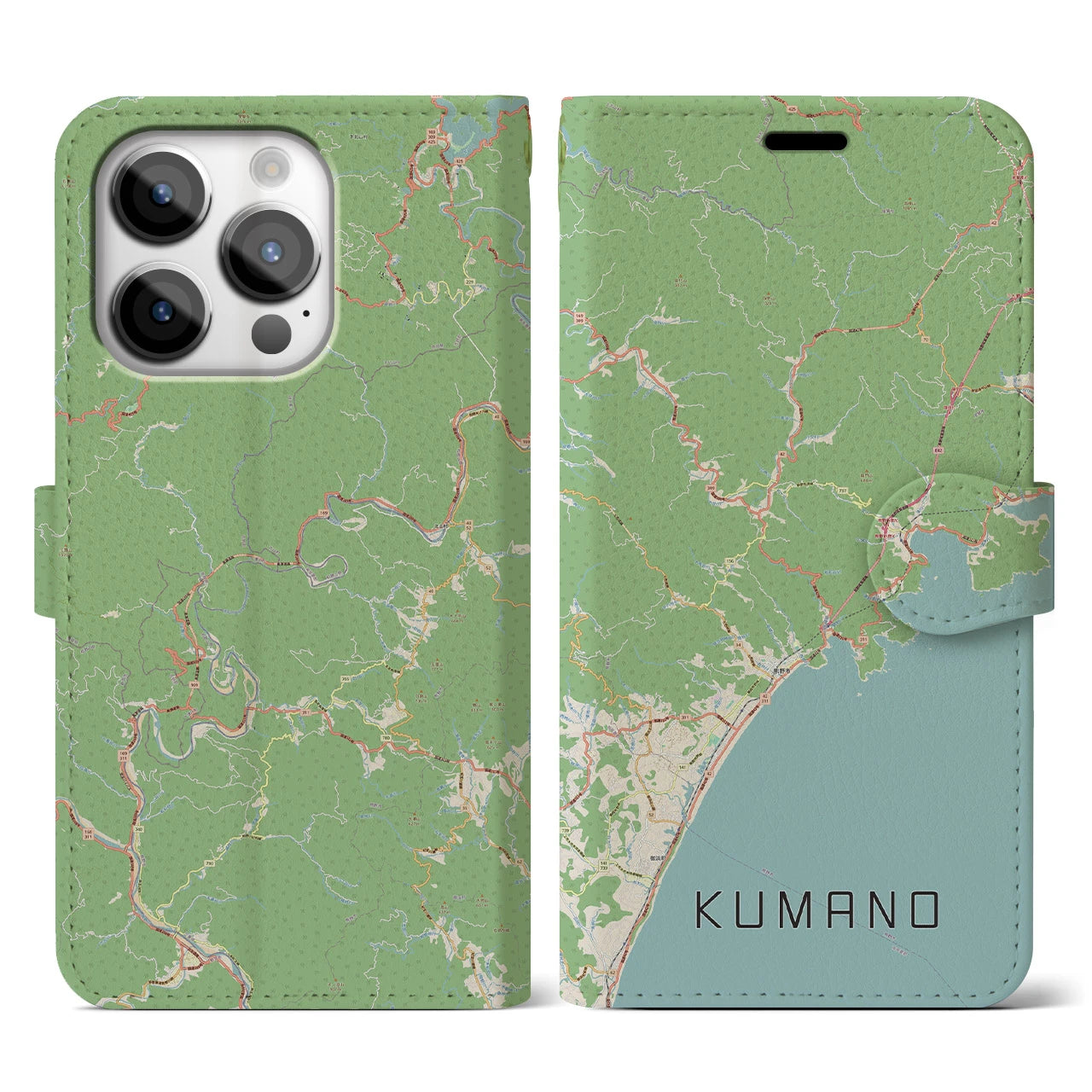 【熊野】地図柄iPhoneケース（手帳両面タイプ・ナチュラル）iPhone 14 Pro 用