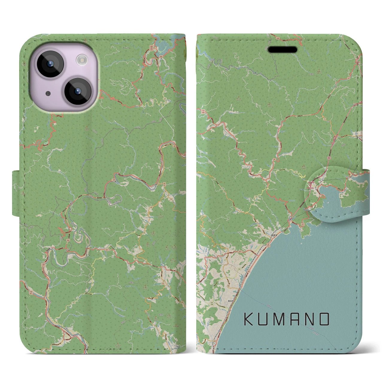 【熊野】地図柄iPhoneケース（手帳両面タイプ・ナチュラル）iPhone 14 用