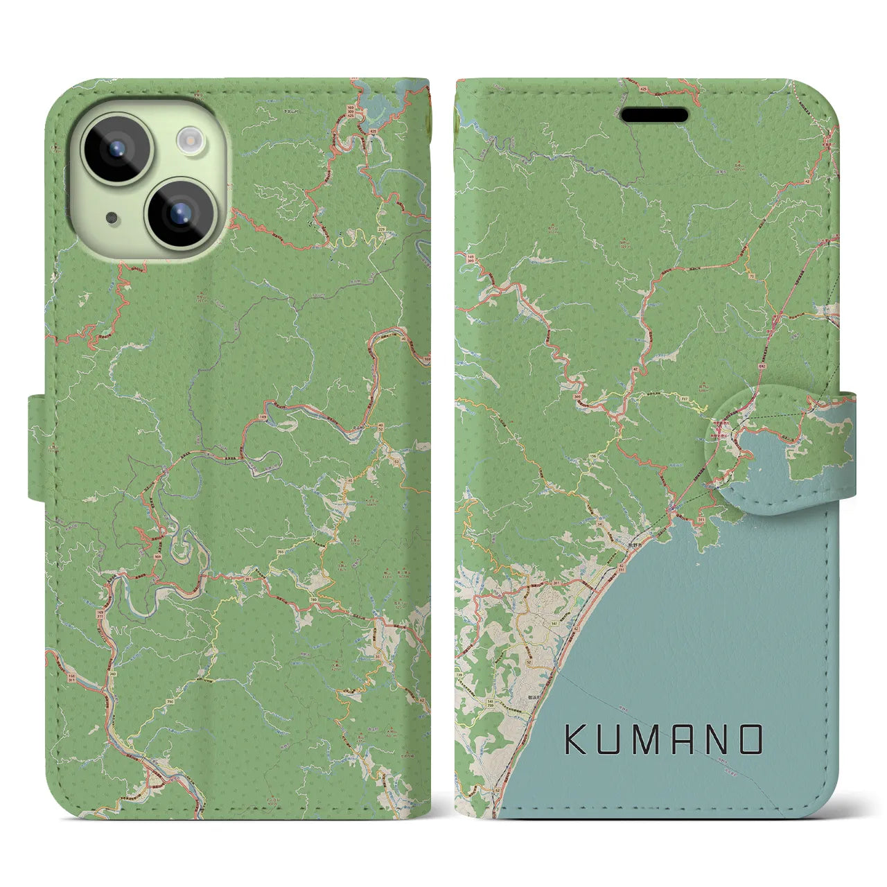【熊野】地図柄iPhoneケース（手帳両面タイプ・ナチュラル）iPhone 15 用