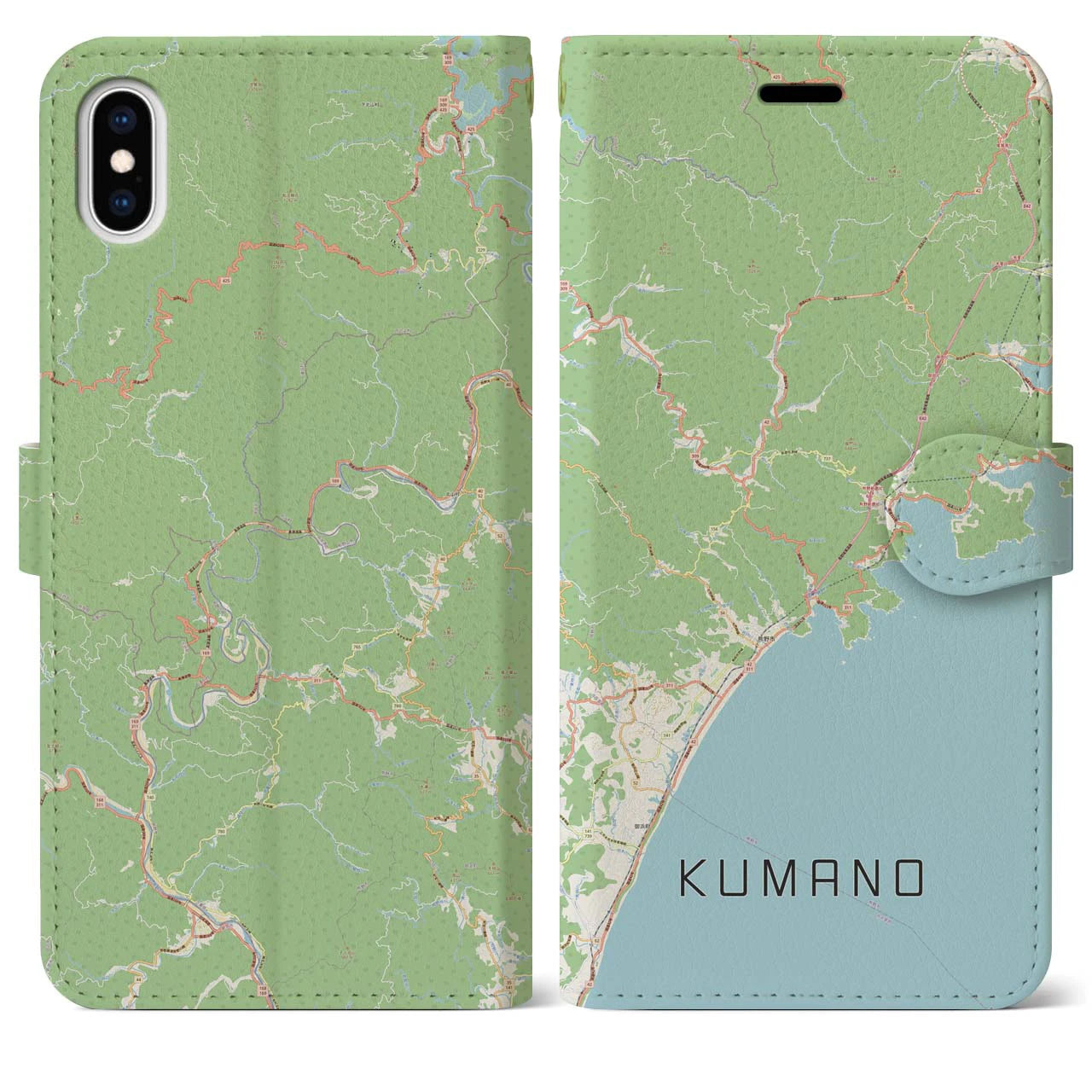 【熊野】地図柄iPhoneケース（手帳両面タイプ・ナチュラル）iPhone XS Max 用