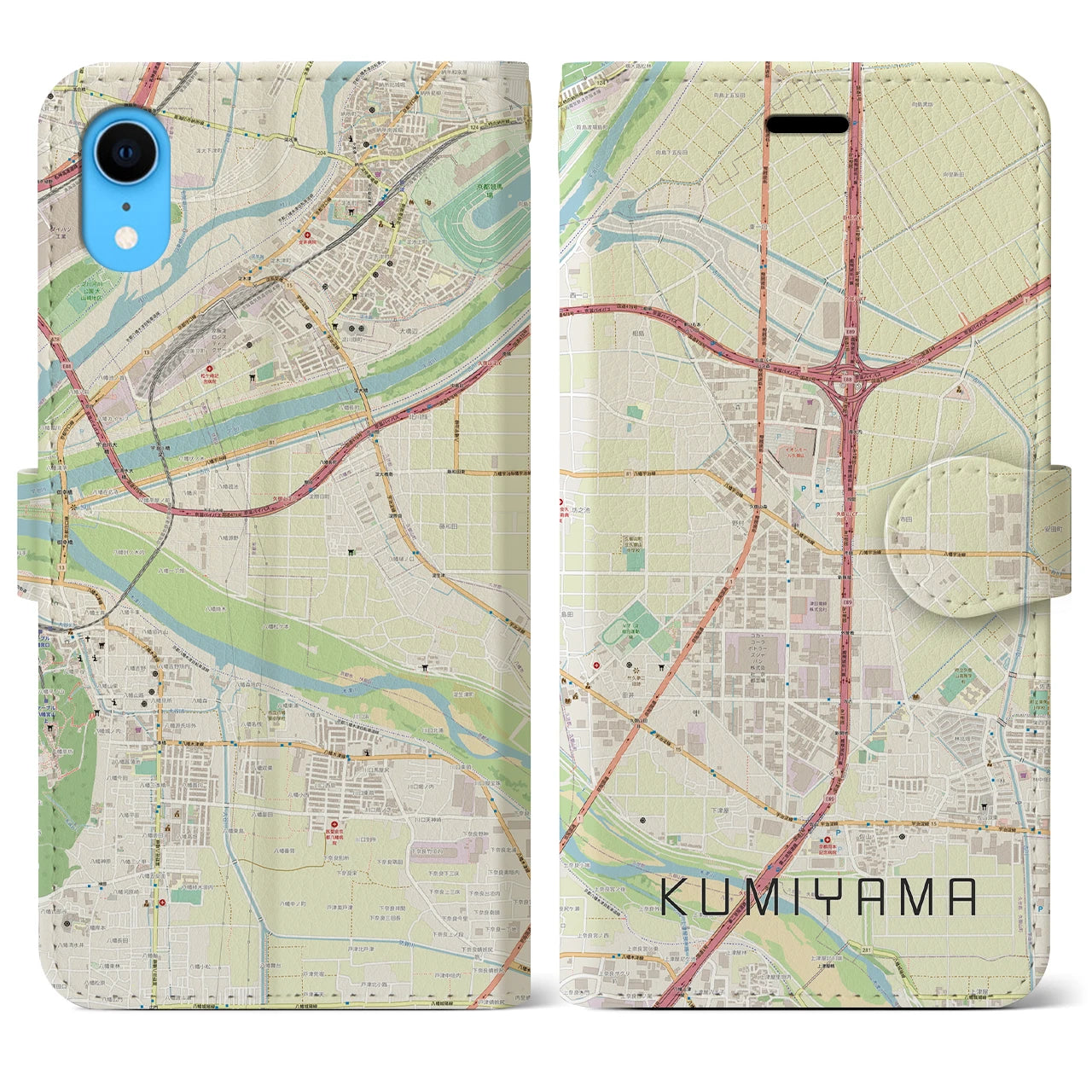 【久御山】地図柄iPhoneケース（手帳両面タイプ・ナチュラル）iPhone XR 用