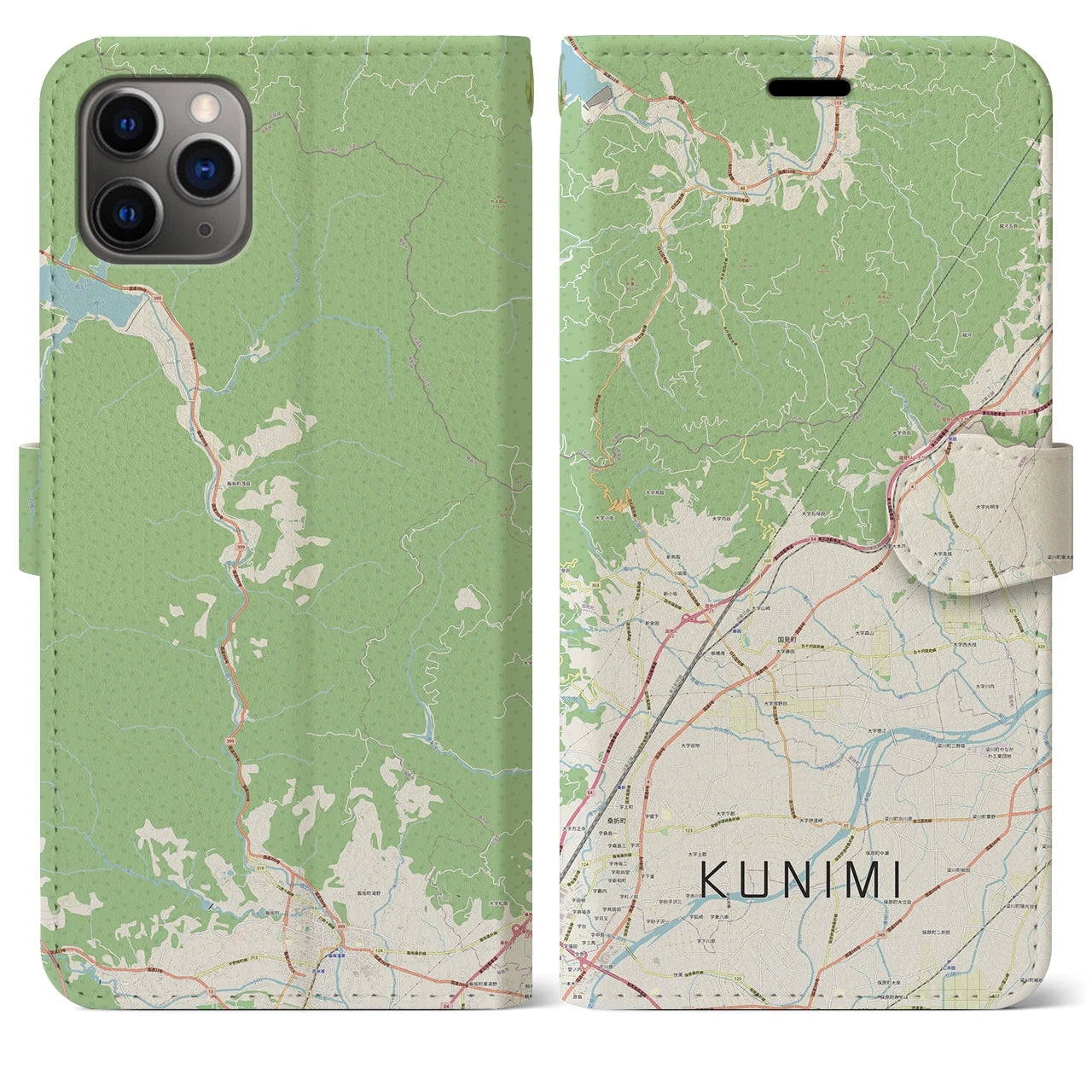 【国見（福島県）】地図柄iPhoneケース（手帳両面タイプ・ナチュラル）iPhone 11 Pro Max 用