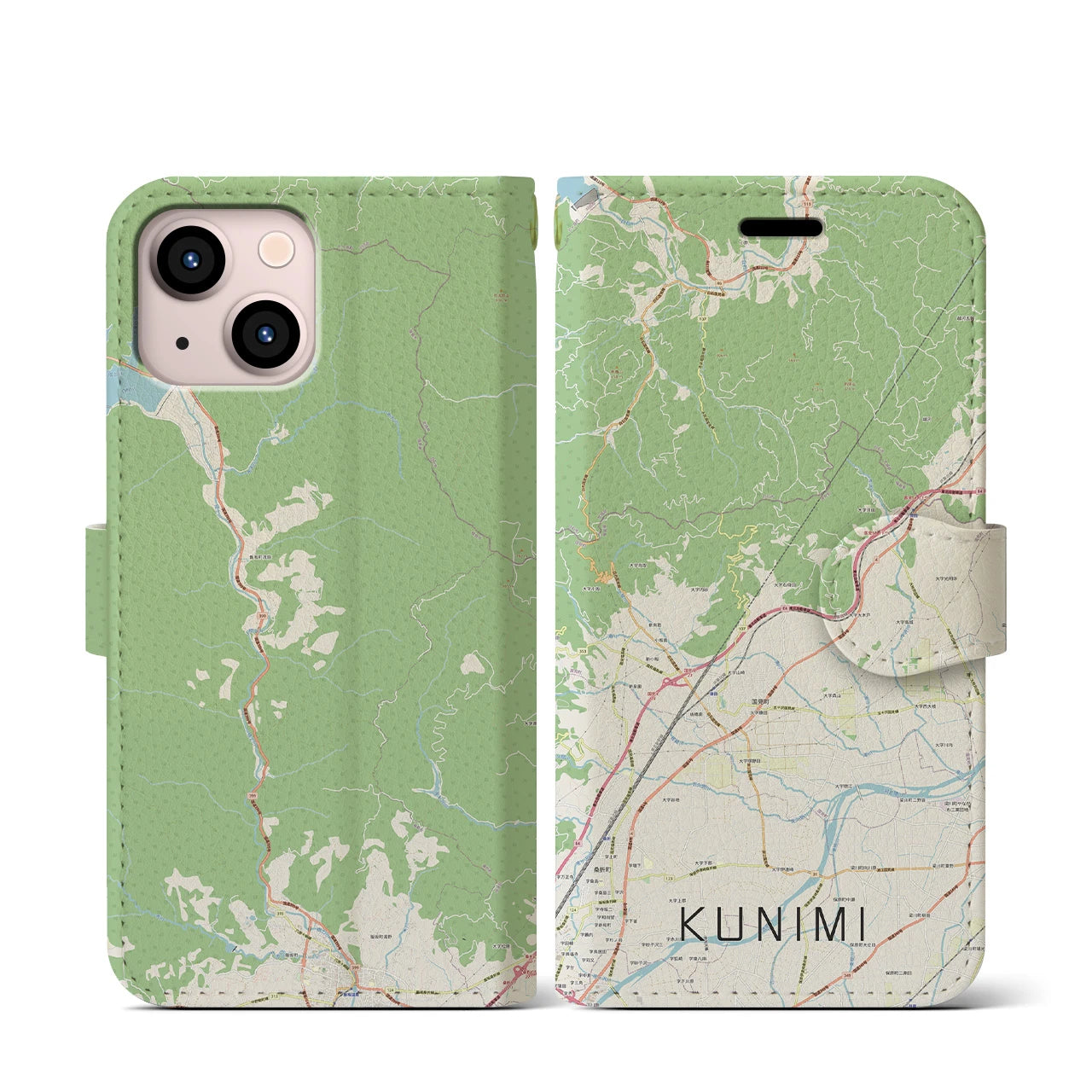 【国見（福島県）】地図柄iPhoneケース（手帳両面タイプ・ナチュラル）iPhone 13 mini 用
