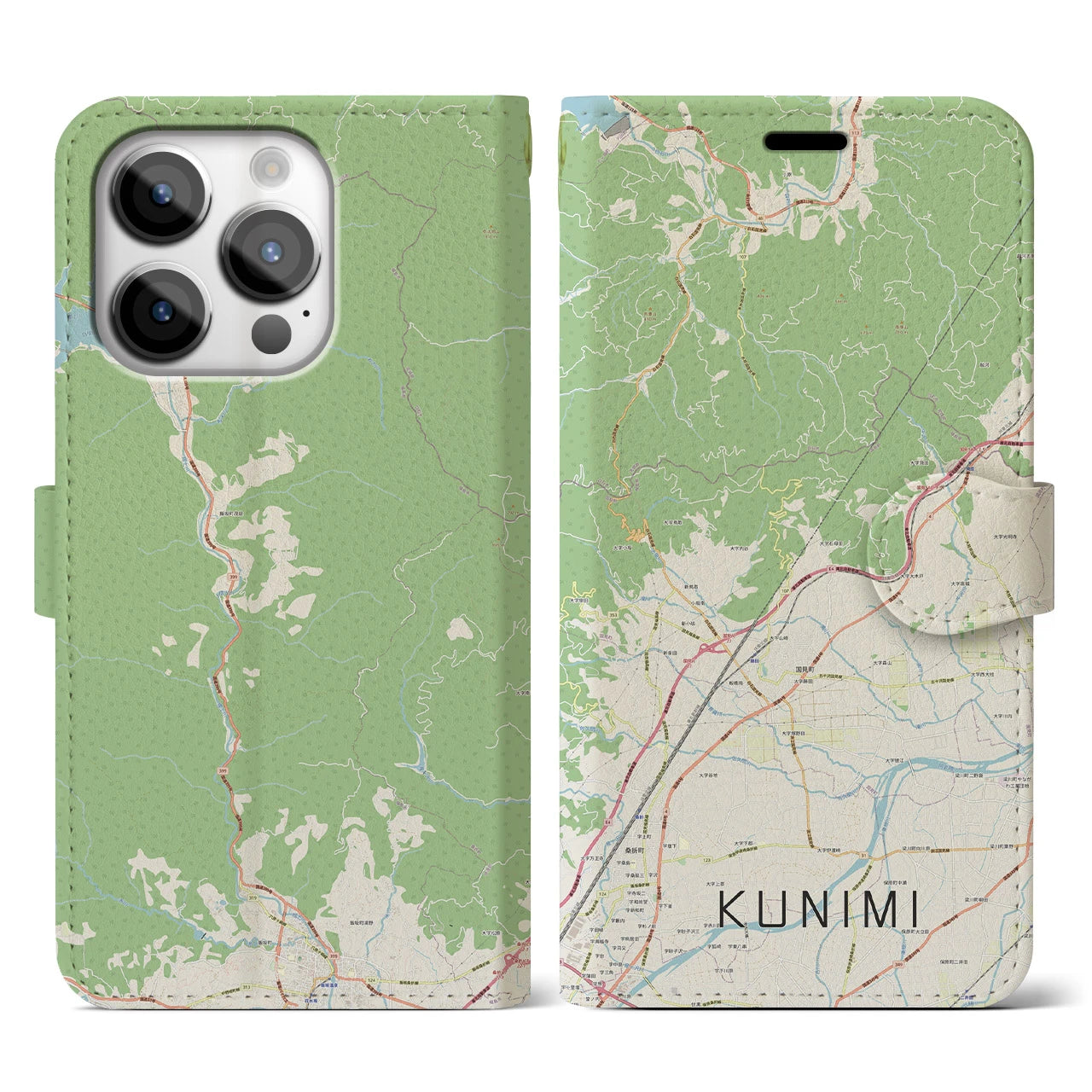 【国見（福島県）】地図柄iPhoneケース（手帳両面タイプ・ナチュラル）iPhone 14 Pro 用