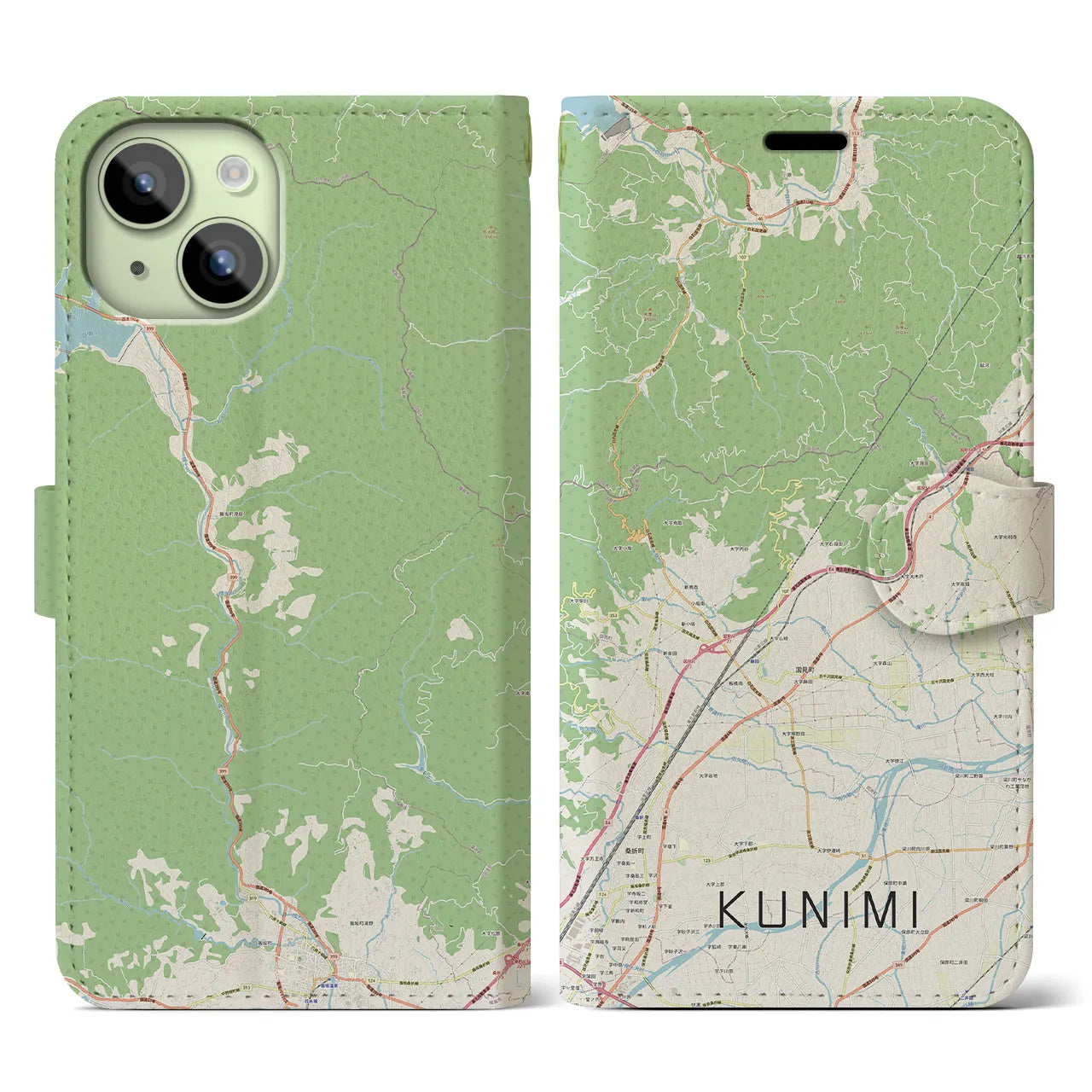 【国見（福島県）】地図柄iPhoneケース（手帳両面タイプ・ナチュラル）iPhone 15 用