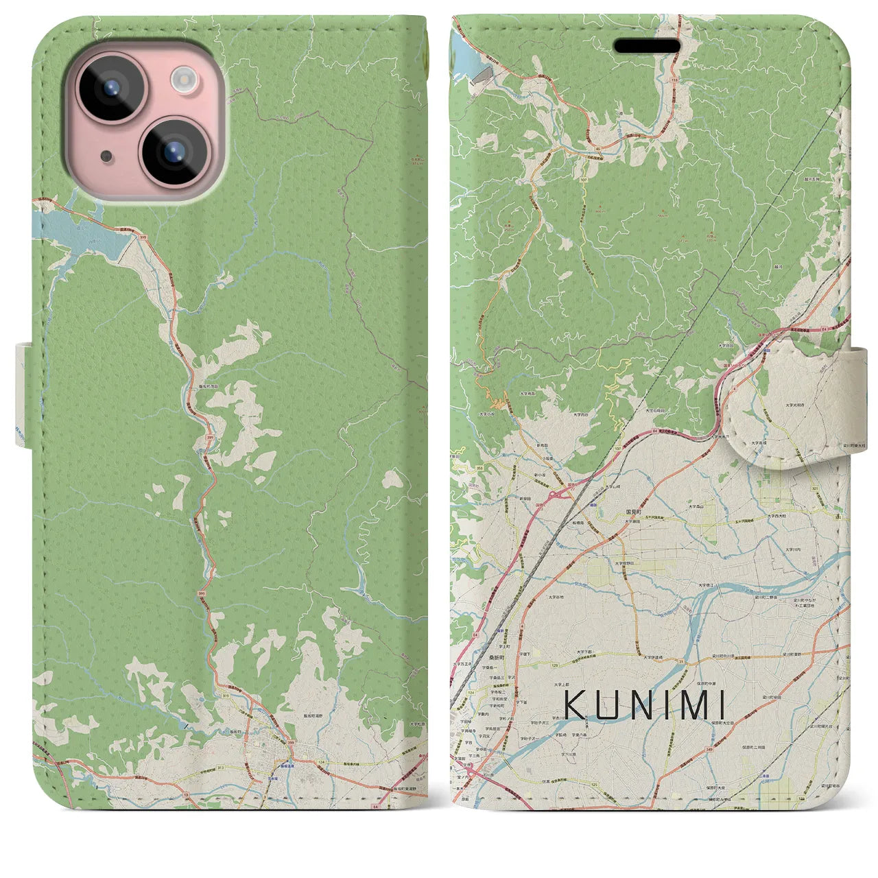 【国見（福島県）】地図柄iPhoneケース（手帳両面タイプ・ナチュラル）iPhone 15 Plus 用