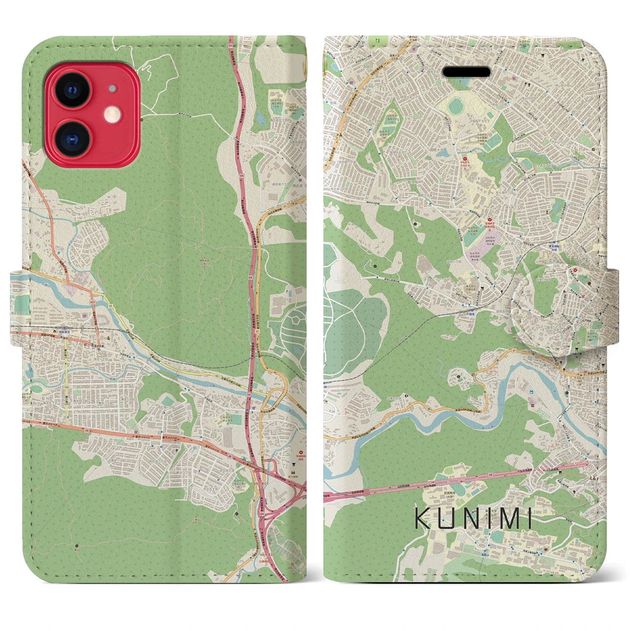 【国見】地図柄iPhoneケース（手帳両面タイプ・ナチュラル）iPhone 11 用