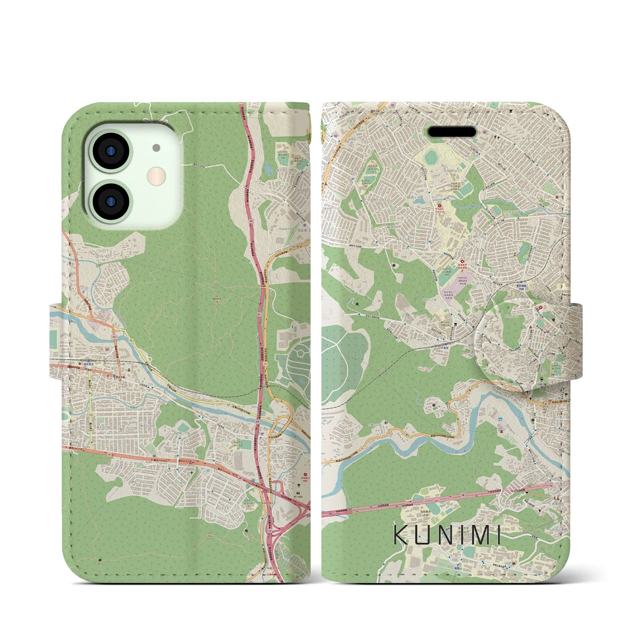 【国見】地図柄iPhoneケース（手帳両面タイプ・ナチュラル）iPhone 12 mini 用